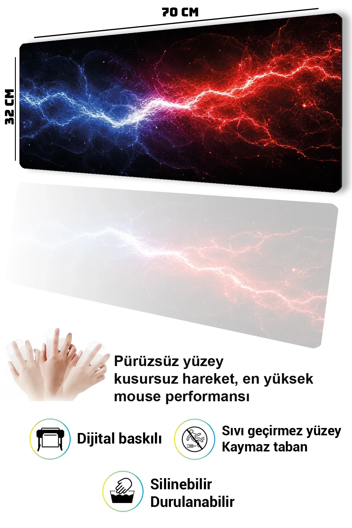 SonicTouch Klavye Mousepad 32x70cm iki Kutup Dikişsiz Pürüzsüz Sıvı Geçirmez Kaymaz Taban