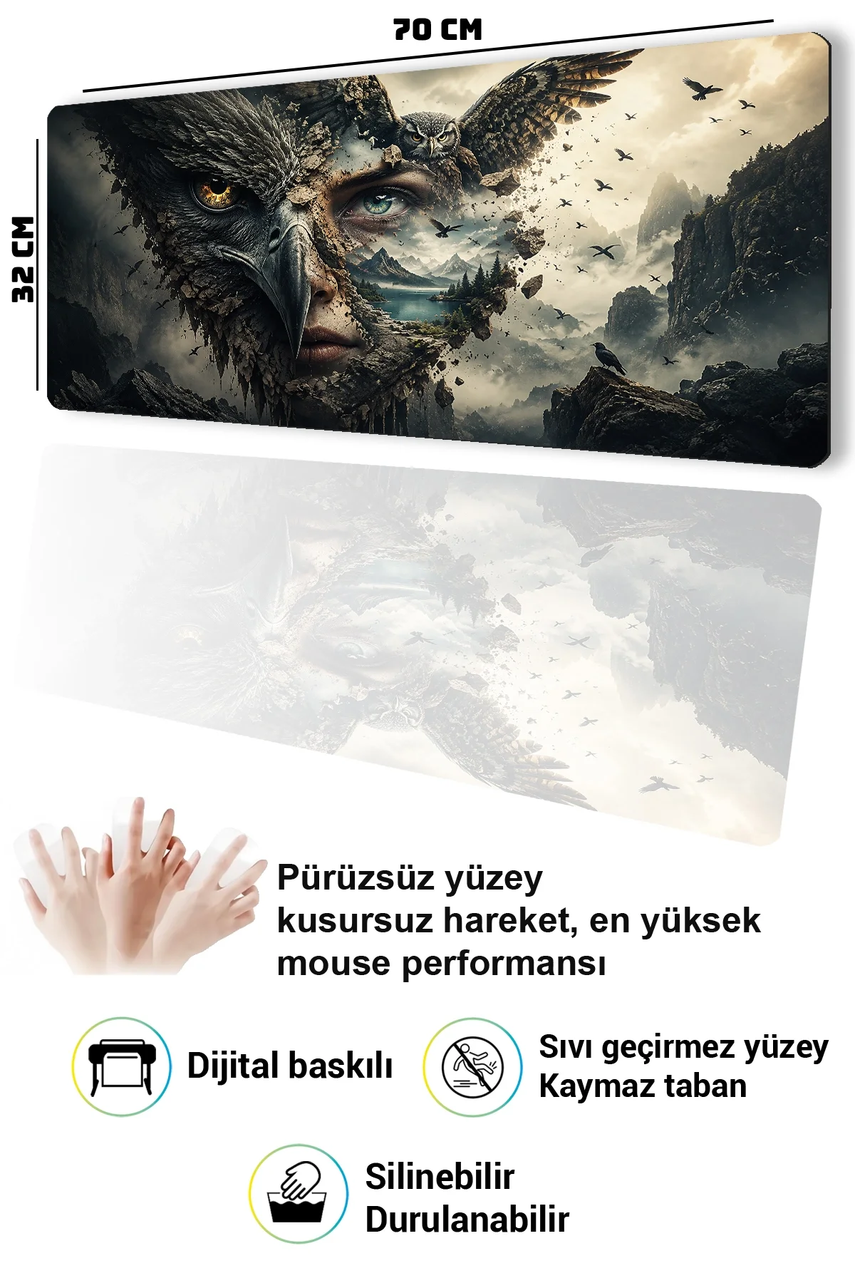 SonicTouch Klavye Mousepad 32x70cm Baykuş Ruhu Dikişsiz Pürüzsüz Sıvı Geçirmez Kaymaz Taban