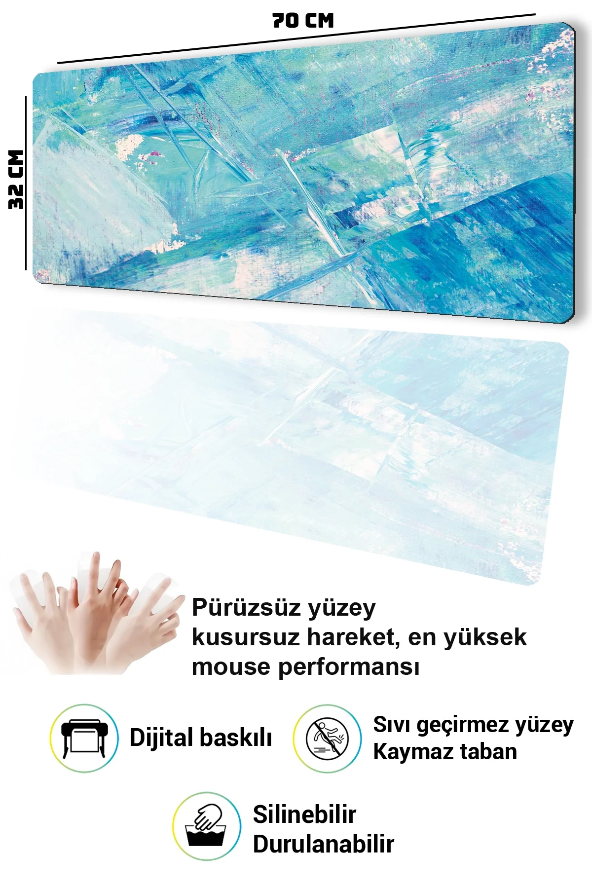 SonicTouch Klavye Mousepad 32x70cm Mint Fırtınası Dikişsiz Pürüzsüz Sıvı Geçirmez Kaymaz Taban