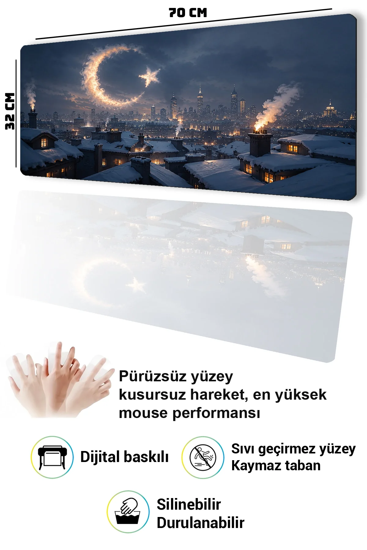 SonicTouch Klavye Mousepad 32x70cm Duman Hilali Dikişsiz Pürüzsüz Sıvı Geçirmez Kaymaz Taban