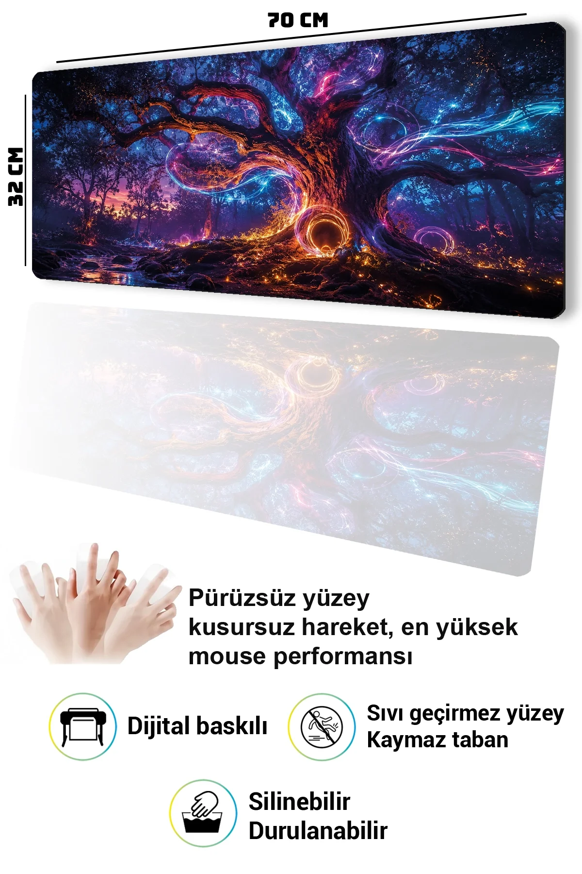 SonicTouch Klavye Mousepad 32x70cm Neon Hayat Ağacı Dikişsiz Pürüzsüz Sıvı Geçirmez Kaymaz Taban