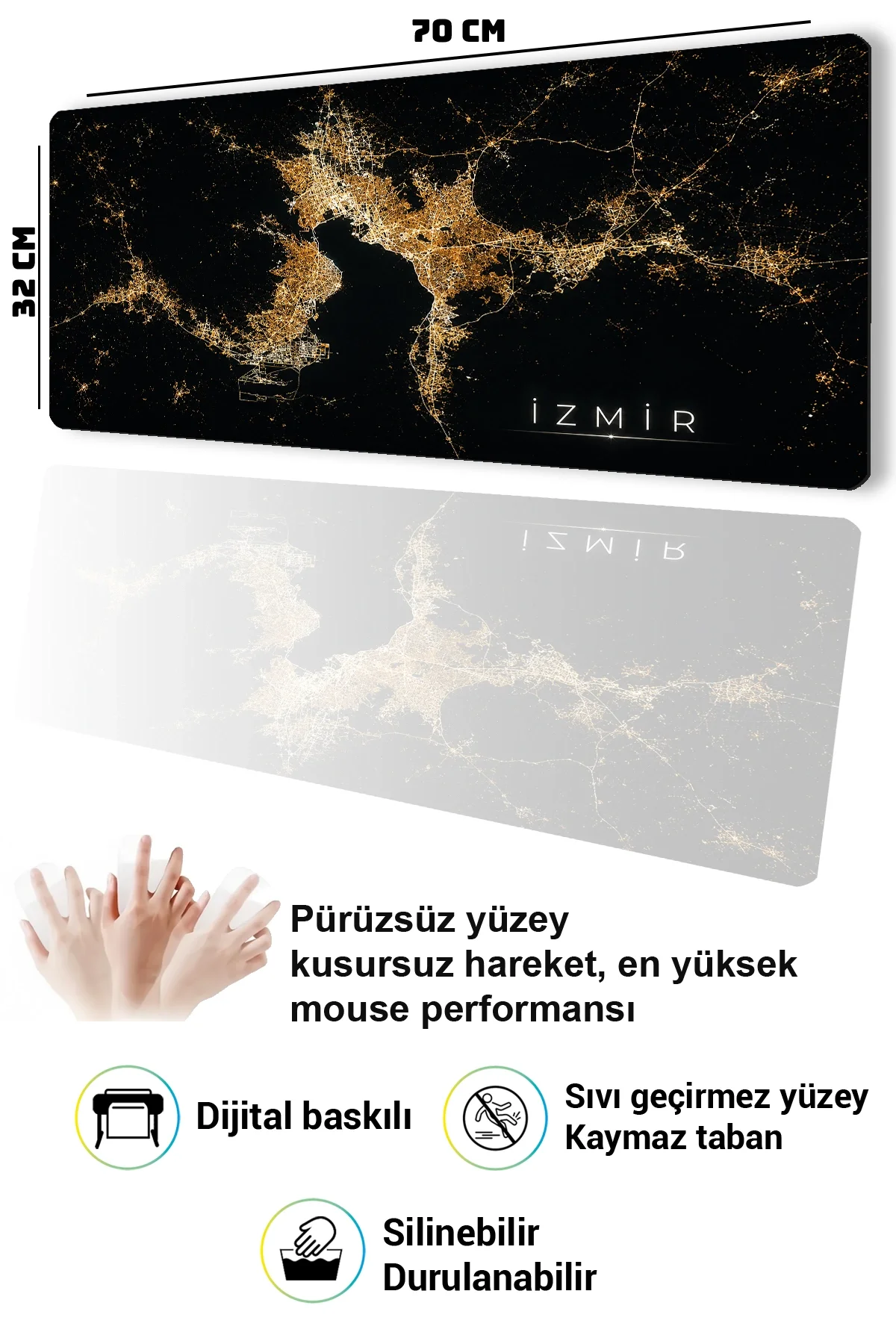 SonicTouch Klavye Mousepad 32x70cm izmir Gece Haritası Dikişsiz Pürüzsüz Sıvı Geçirmez Kaymaz Taban