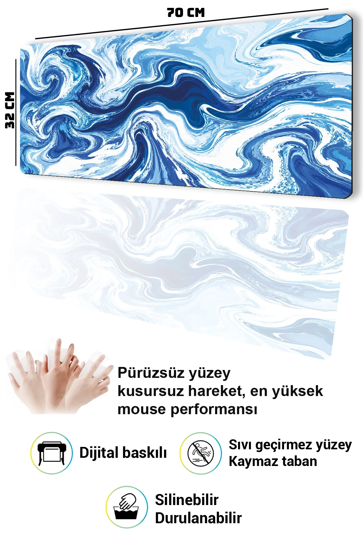 SonicTouch Klavye Mousepad 32x70cm Buzul Girdabı Dikişsiz Pürüzsüz Sıvı Geçirmez Kaymaz Taban