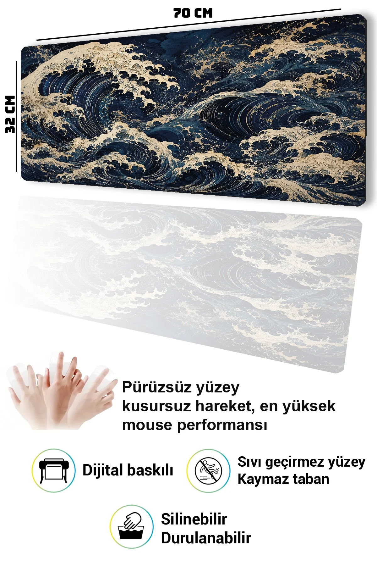 SonicTouch Klavye Mousepad 32x70cm Karanlık Deniz Dikişsiz Pürüzsüz Sıvı Geçirmez Kaymaz Taban