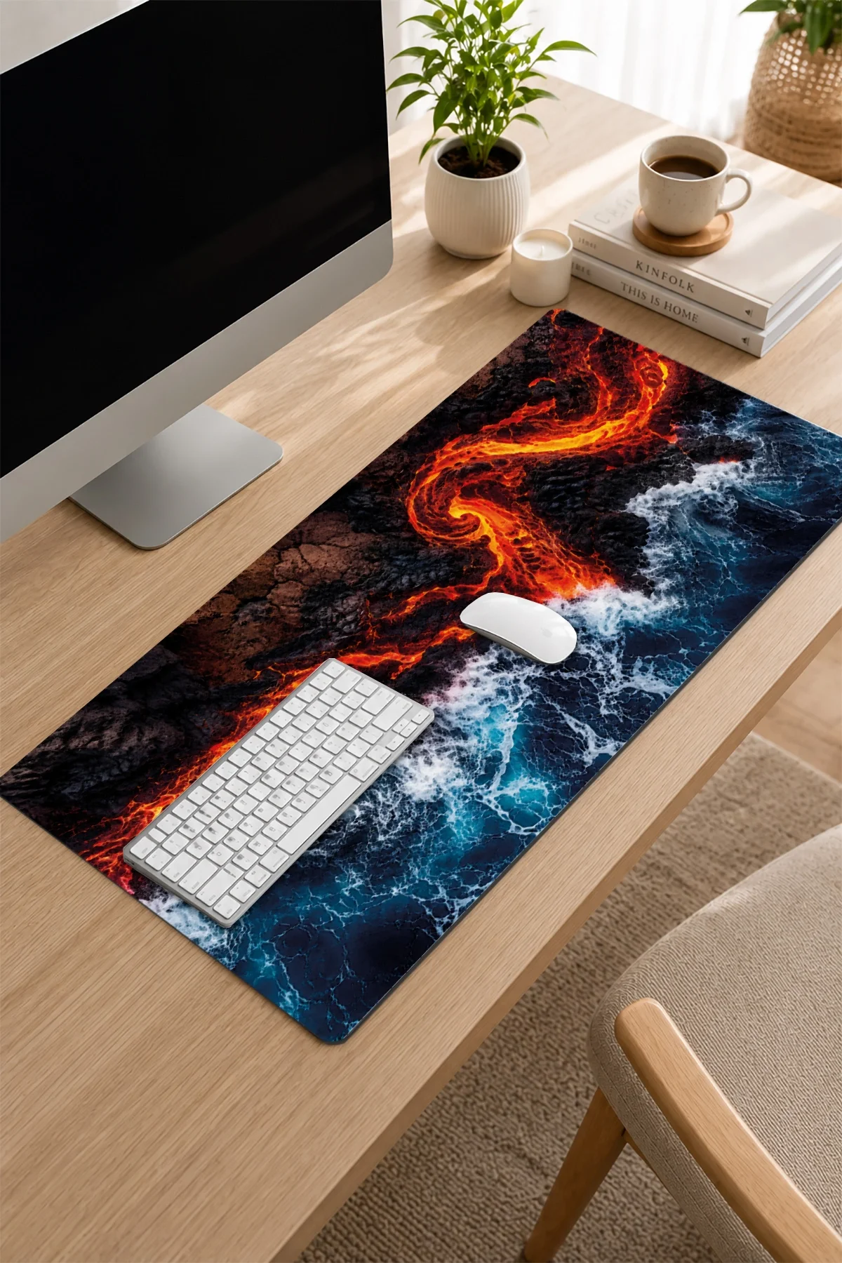 SonicTouch Klavye Mousepad 32x70cm Ateş ve Okyanus Dikişsiz Pürüzsüz Sıvı Geçirmez Kaymaz Taban