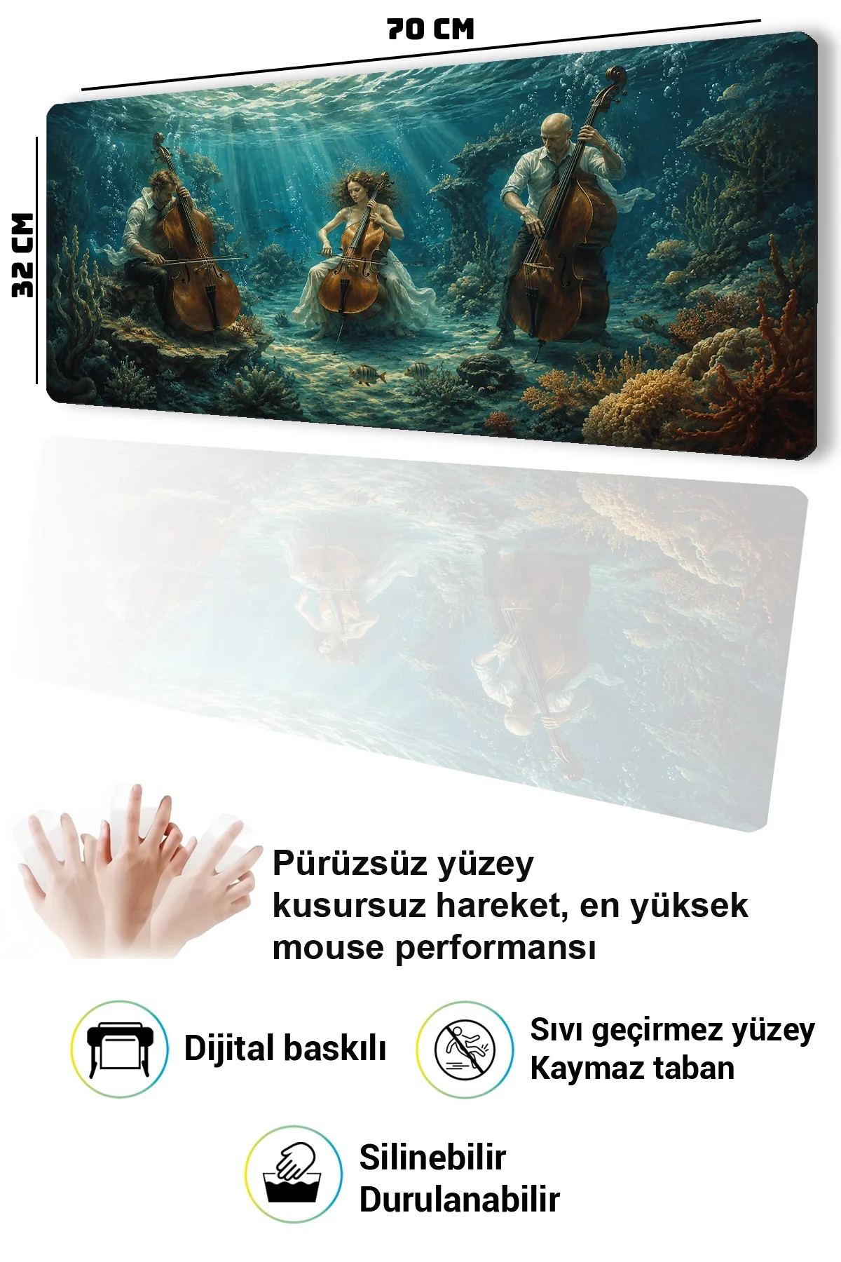 SonicTouch Klavye Mousepad 32x70cm Okyanus Senfonisi Dikişsiz Pürüzsüz Sıvı Geçirmez Kaymaz Taban