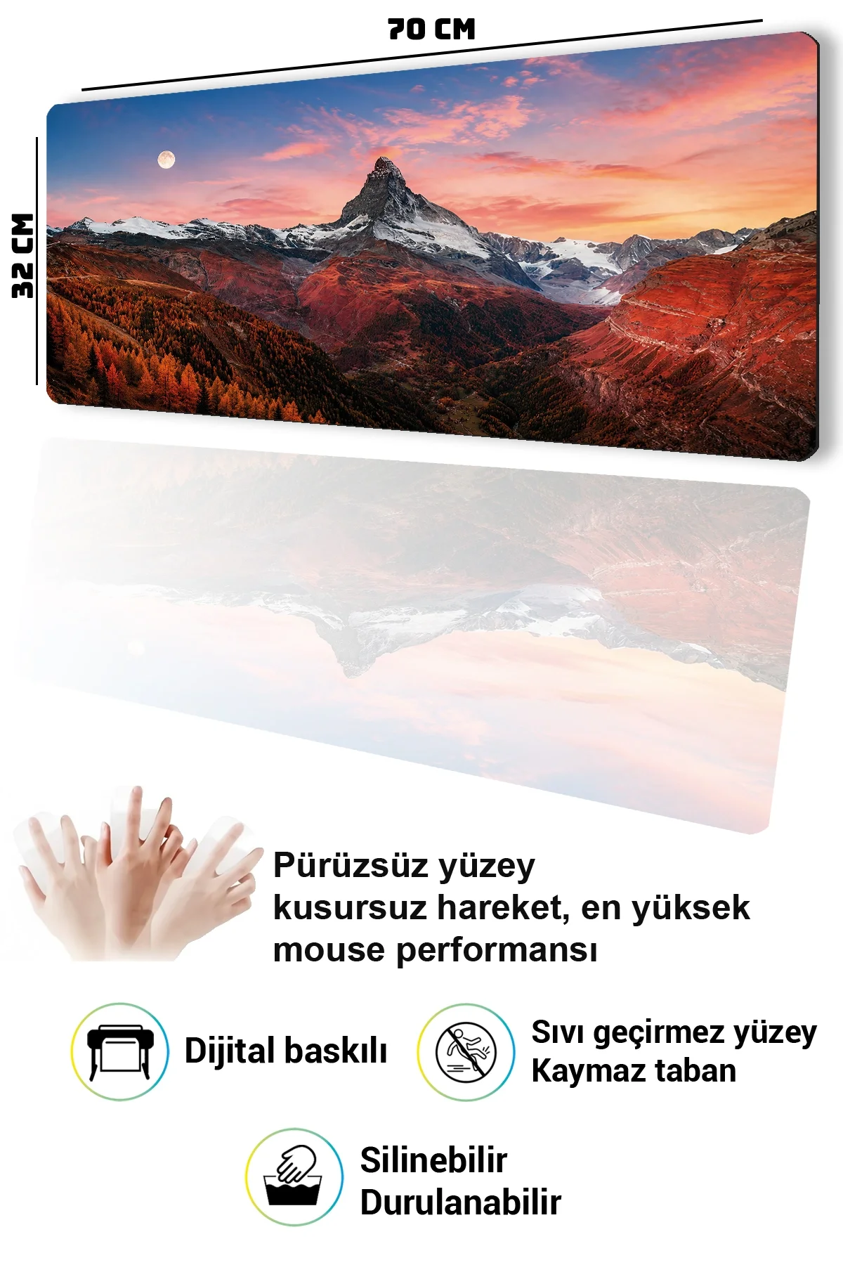 SonicTouch Klavye Mousepad 32x70cm Kızıl Dağlar Dikişsiz Pürüzsüz Sıvı Geçirmez Kaymaz Taban