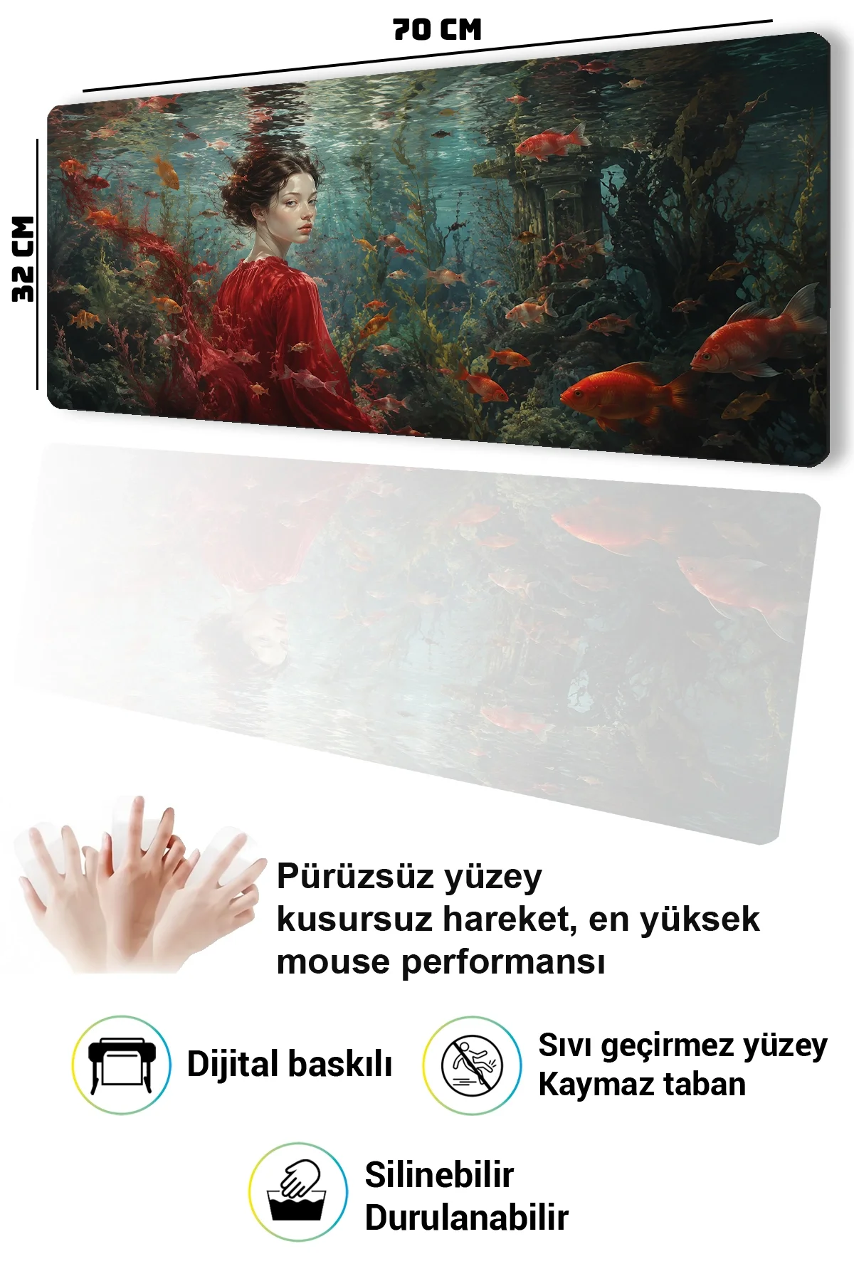 SonicTouch Klavye Mousepad 32x70cm Kızıl Akvaryum Dikişsiz Pürüzsüz Sıvı Geçirmez Kaymaz Taban
