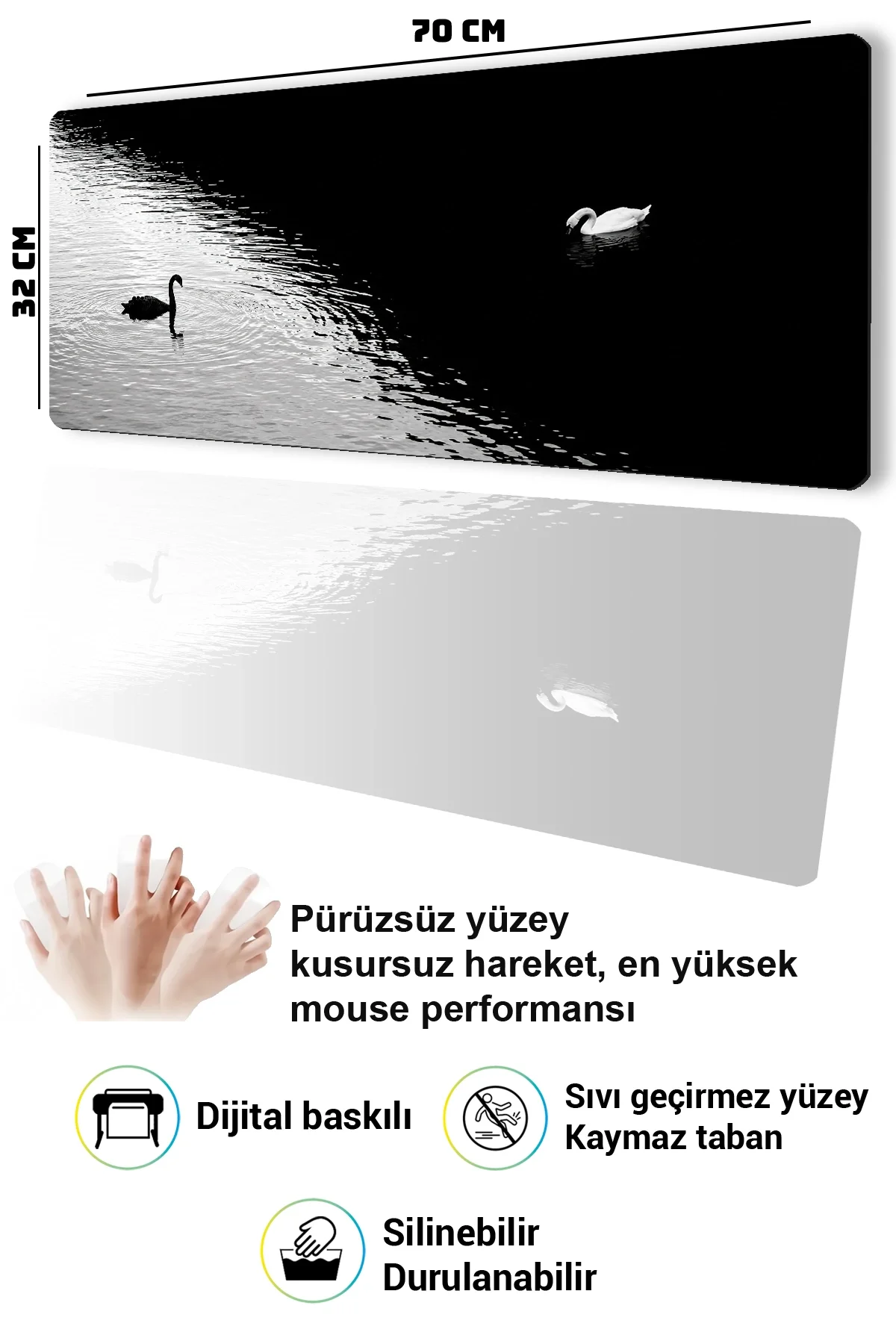 SonicTouch Klavye Mousepad 32x70cm Kuğuların Dengesi Dikişsiz Pürüzsüz Sıvı Geçirmez Kaymaz Taban