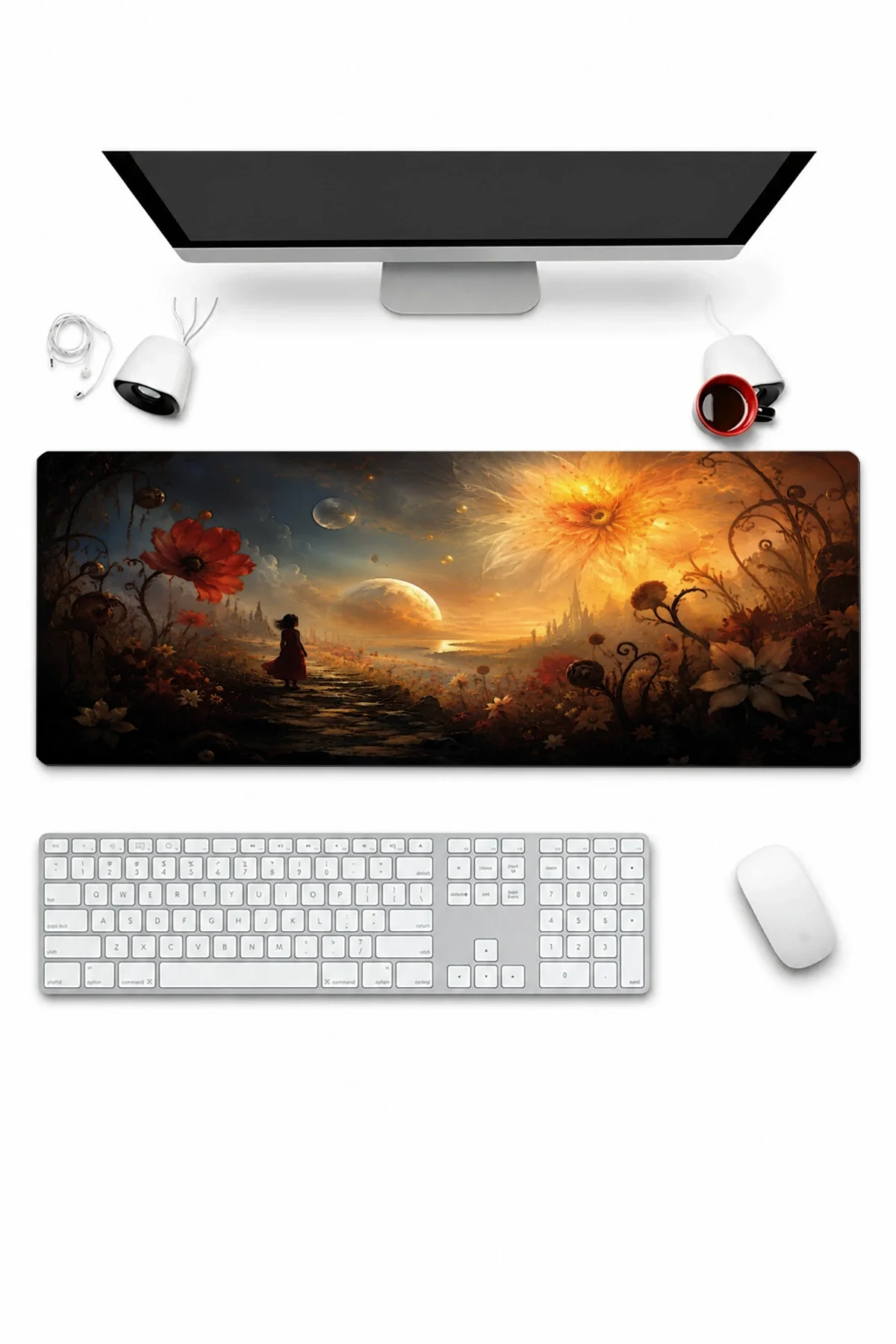 SonicTouch Klavye Mousepad 32x70cm Kozmik Flora Dikişsiz Pürüzsüz Sıvı Geçirmez Kaymaz Taban