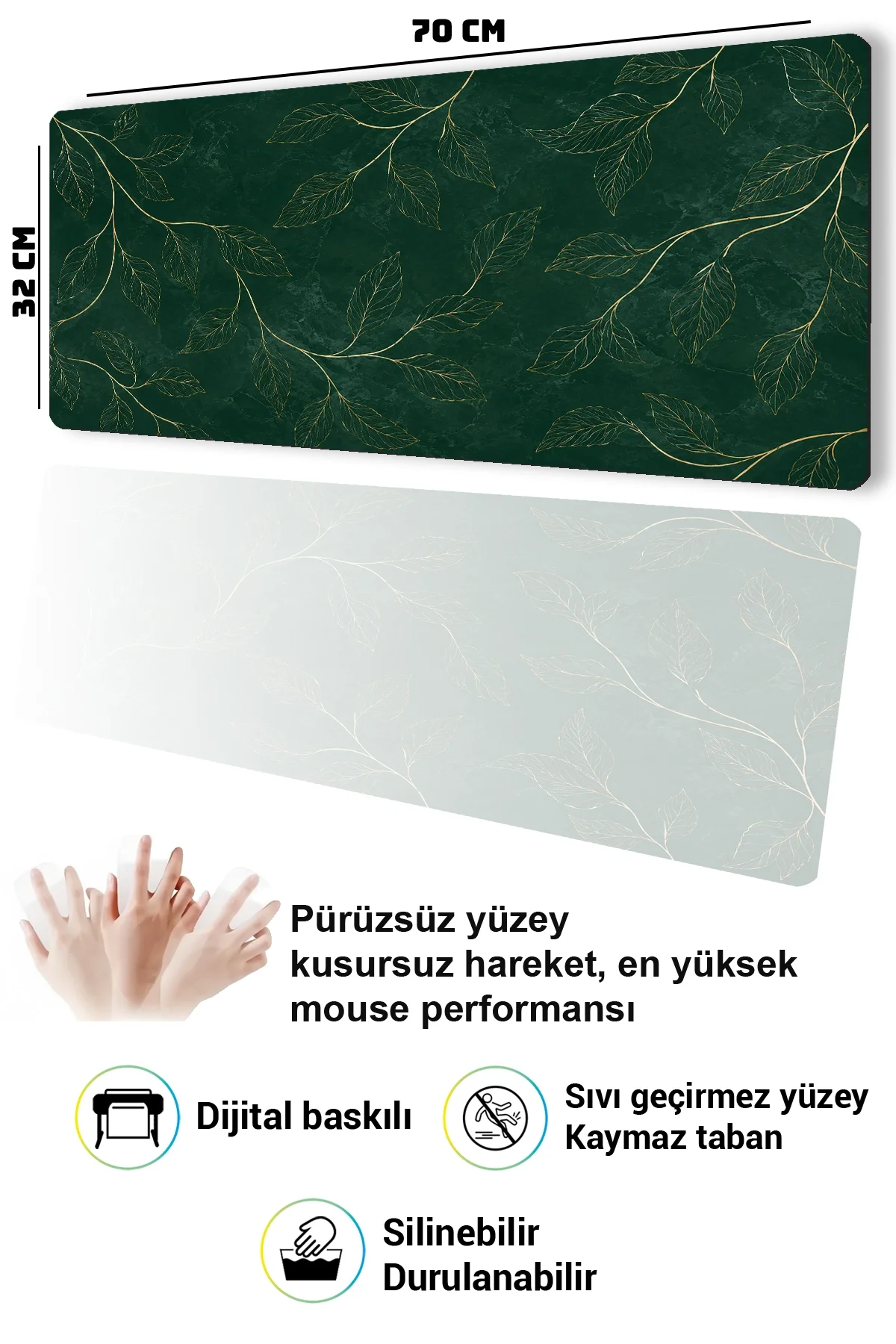 SonicTouch Klavye Mousepad 32x70cm Altın Yapraklar Dikişsiz Pürüzsüz Sıvı Geçirmez Kaymaz Taban