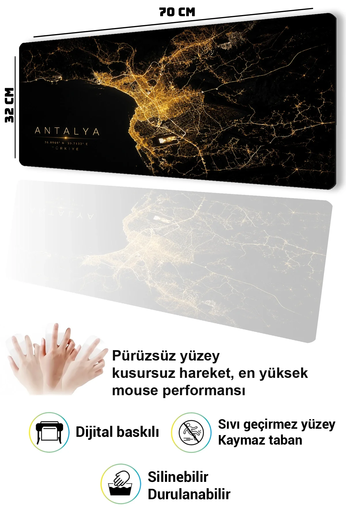 SonicTouch Klavye Mousepad 32x70cm Antalya Gece Haritası Pürüzsüz Sıvı Geçirmez Kaymaz Taban