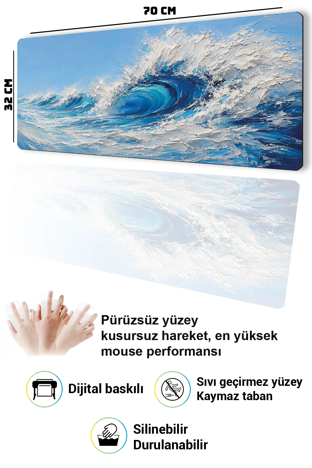 SonicTouch Klavye Mousepad 32x70cm Turkuaz Dalgalar Dikişsiz Pürüzsüz Sıvı Geçirmez Kaymaz Taban