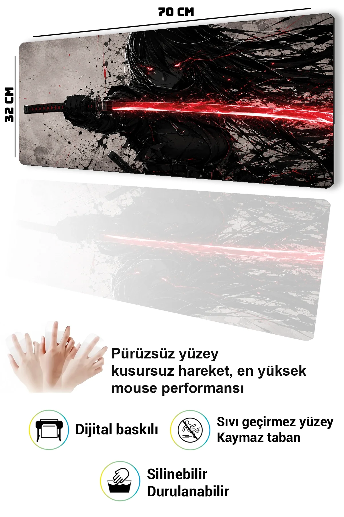 SonicTouch Klavye Mousepad 32x70cm Kızıl Katana Dikişsiz Pürüzsüz Sıvı Geçirmez Kaymaz Taban