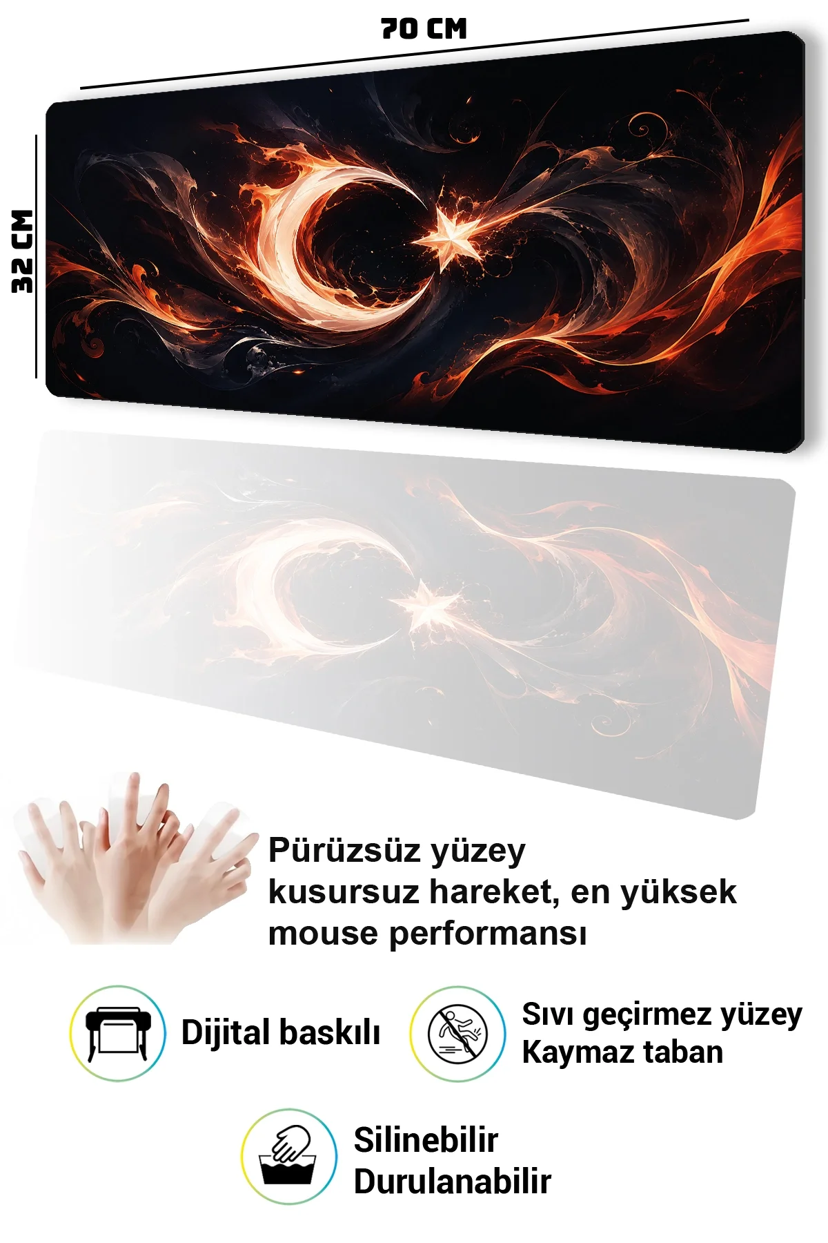 SonicTouch Klavye Mousepad 32x70cm Alev Hilali Dikişsiz Pürüzsüz Sıvı Geçirmez Kaymaz Taban