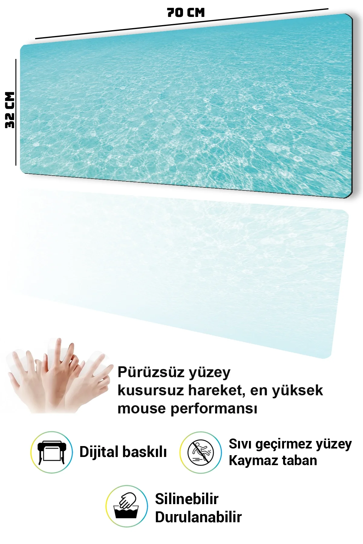 SonicTouch Klavye Mousepad 32x70cm Mavi Huzur Dikişsiz Pürüzsüz Sıvı Geçirmez Kaymaz Taban