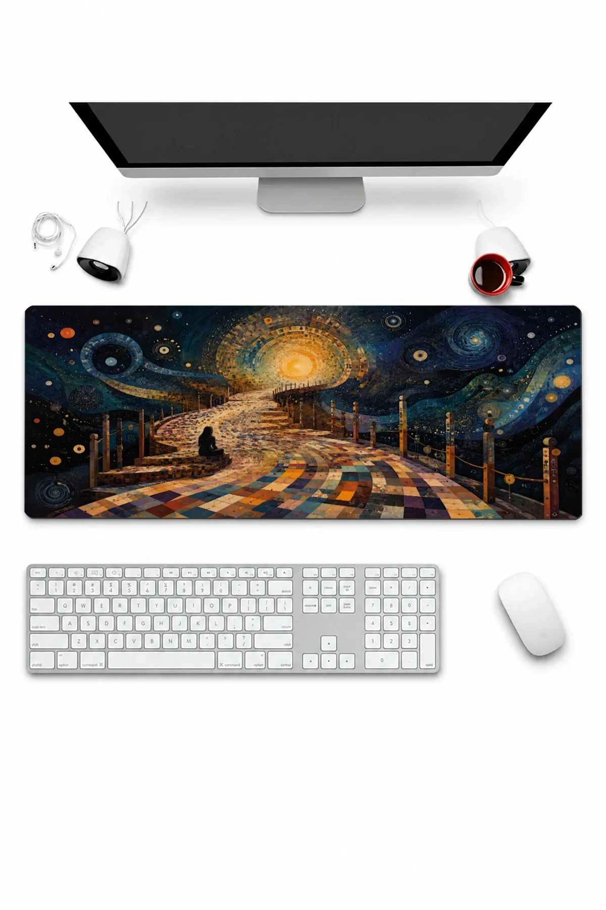 SonicTouch Klavye Mousepad 32x70cm Kozmik Mozaik Yol Dikişsiz Pürüzsüz Sıvı Geçirmez Kaymaz Taban