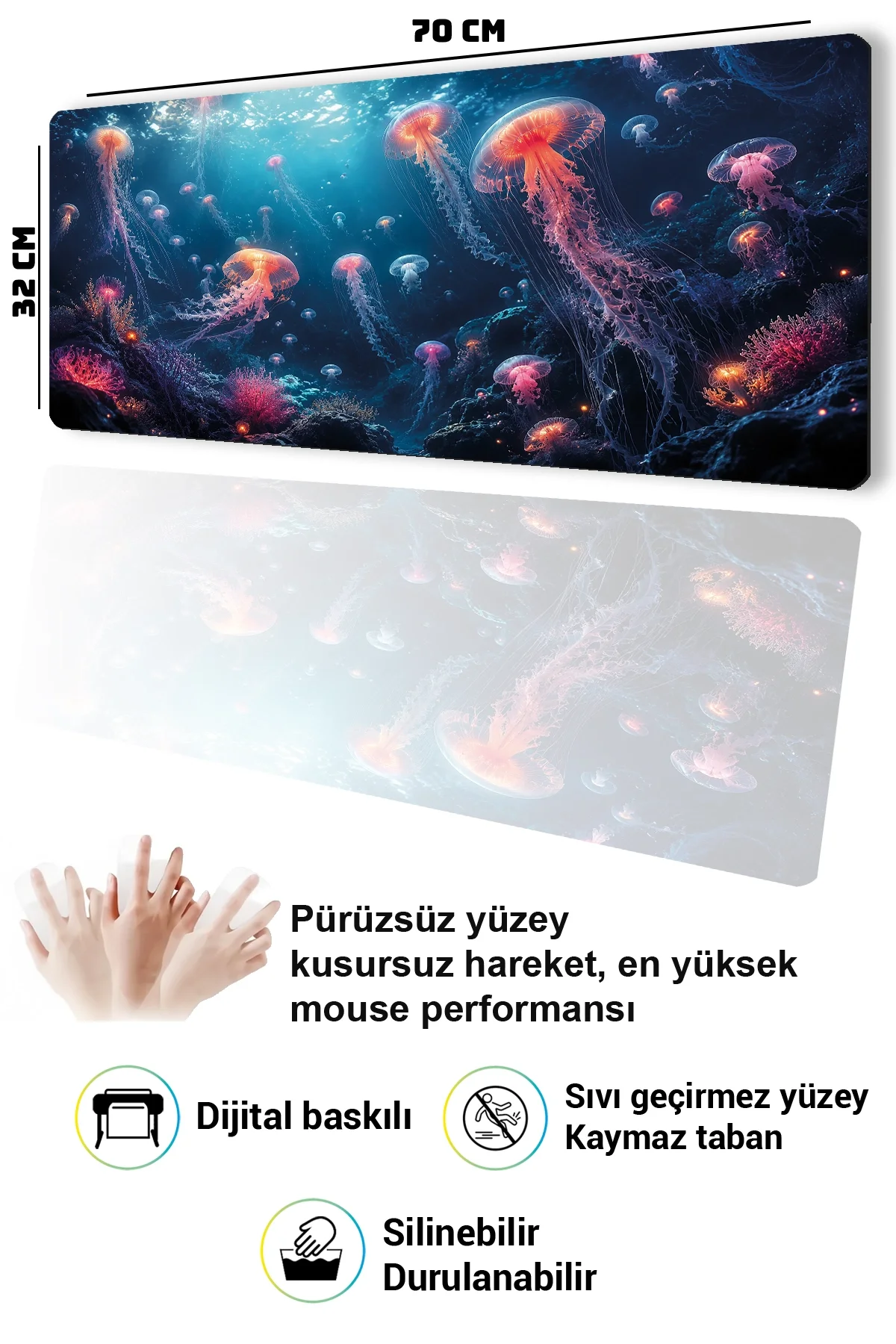 SonicTouch Klavye Mousepad 32x70cm Işıltılı Derinlikler Dikişsiz Pürüzsüz Sıvı Geçirmez Kaymaz Taban
