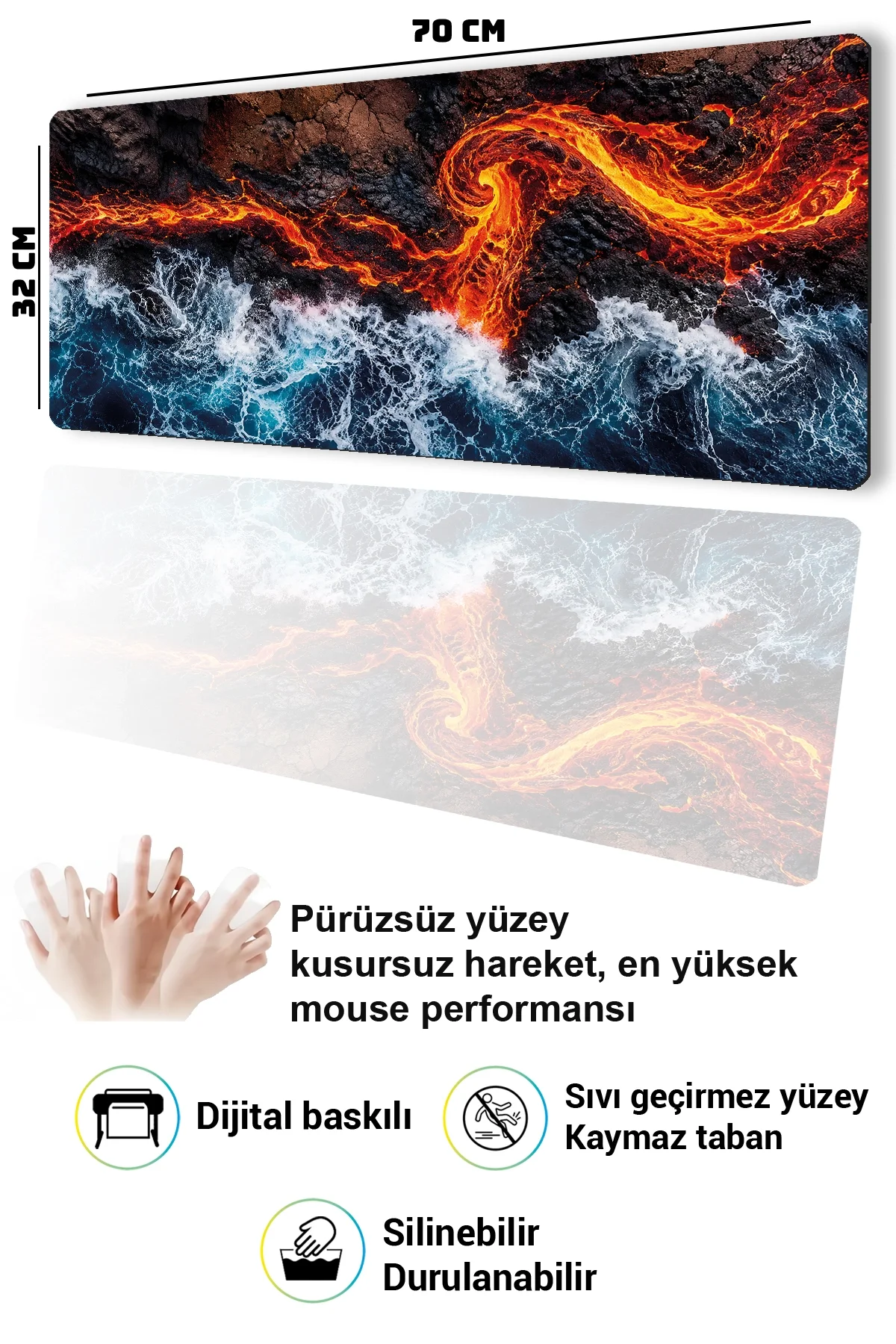 SonicTouch Klavye Mousepad 32x70cm Ateş ve Okyanus Dikişsiz Pürüzsüz Sıvı Geçirmez Kaymaz Taban
