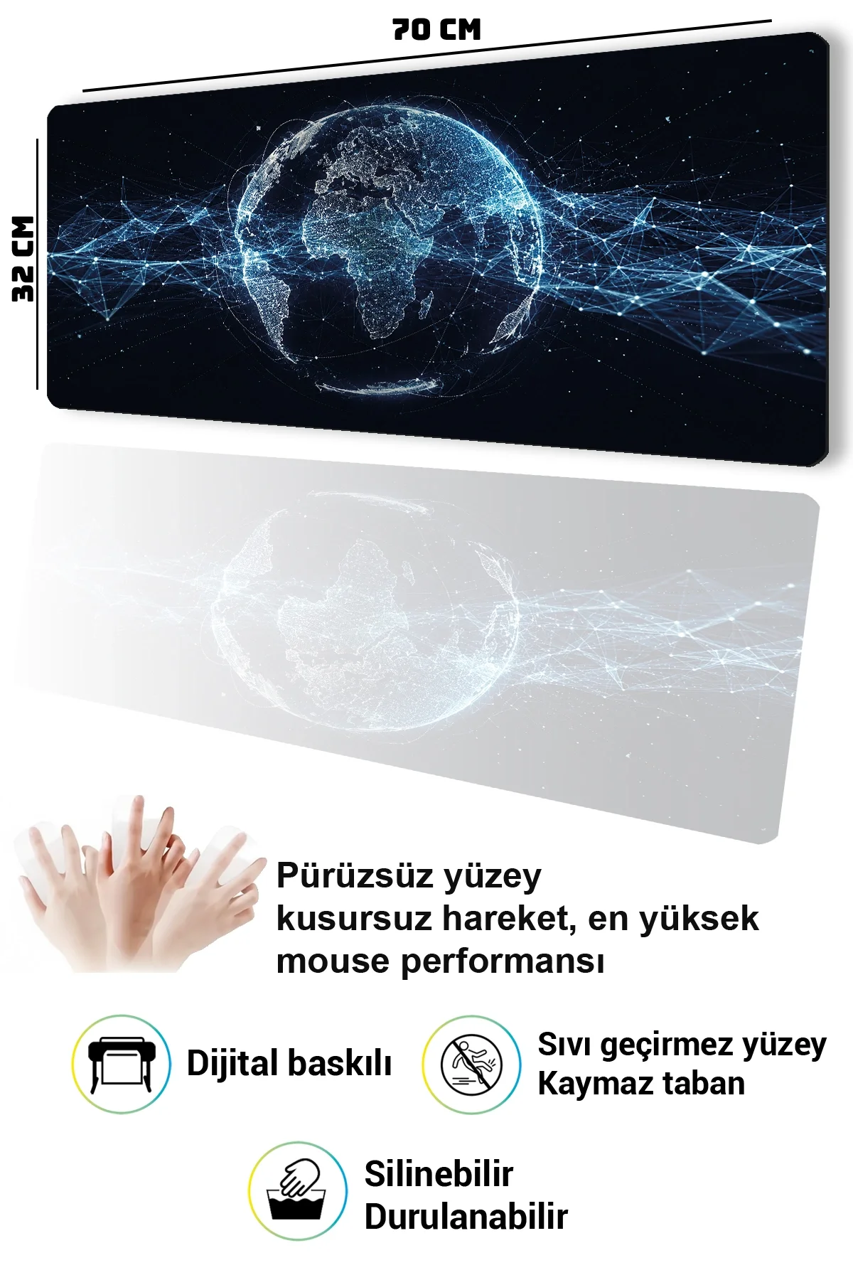 SonicTouch Klavye Mousepad 32x70cm Küresel Ağ Dikişsiz Pürüzsüz Sıvı Geçirmez Kaymaz Taban