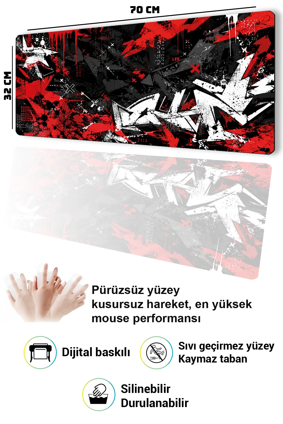 SonicTouch Klavye Mousepad 32x70cm Kızıl Kaos Dikişsiz Pürüzsüz Sıvı Geçirmez Kaymaz Taban