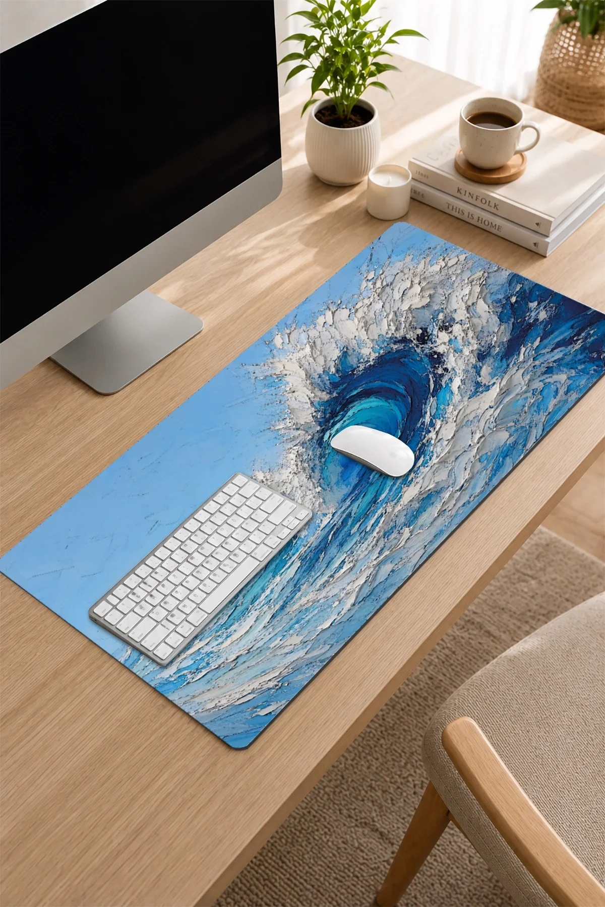 SonicTouch Klavye Mousepad 32x70cm Turkuaz Dalgalar Dikişsiz Pürüzsüz Sıvı Geçirmez Kaymaz Taban