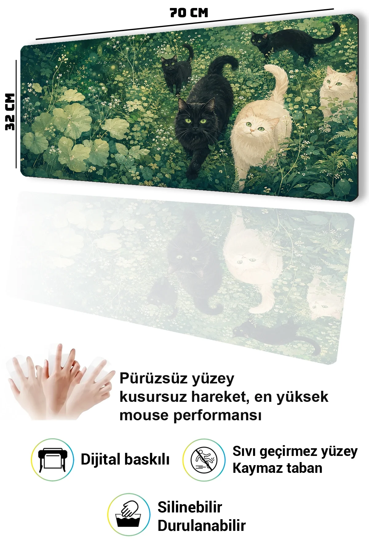 SonicTouch Klavye Mousepad 32x70cm Zümrüt Bahçenin Kedileri Pürüzsüz Sıvı Geçirmez Kaymaz Taban