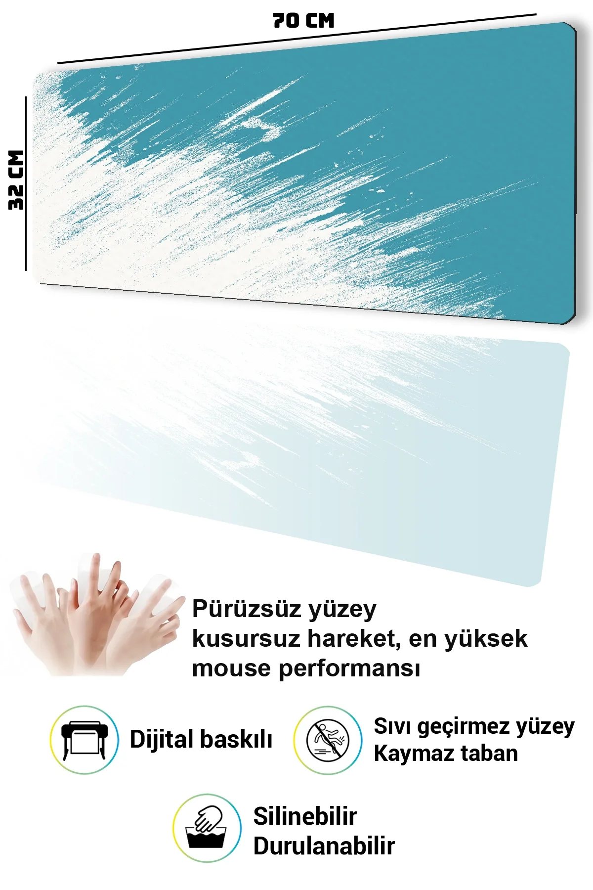 SonicTouch Klavye Mousepad 32x70cm Turkuaz Geçiş Dikişsiz Pürüzsüz Sıvı Geçirmez Kaymaz Taban