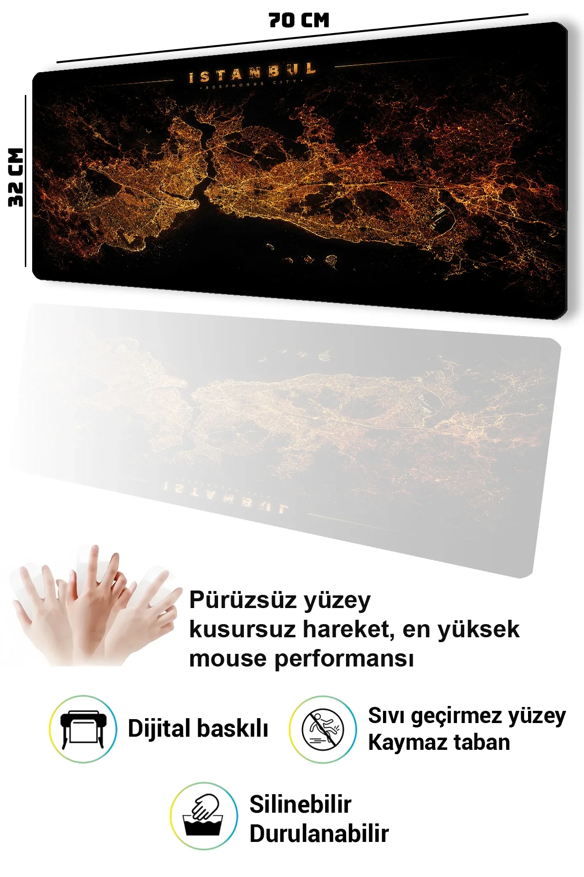 SonicTouch Klavye Mousepad 32x70cm istanbul Gece Haritası Pürüzsüz Sıvı Geçirmez Kaymaz Taban