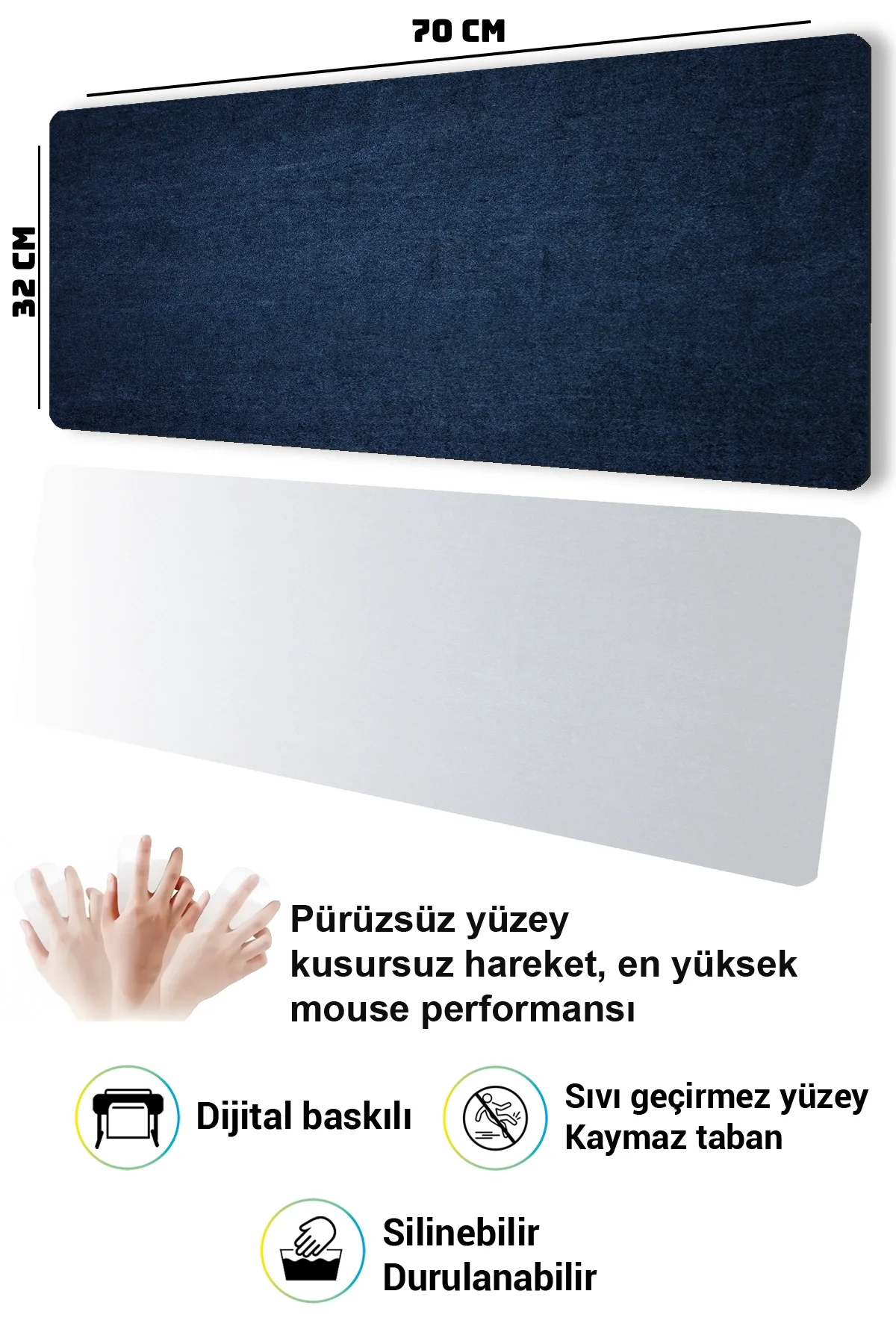 SonicTouch Klavye Mousepad 32x70cm Gece Mavisi Dikişsiz Pürüzsüz Sıvı Geçirmez Kaymaz Taban