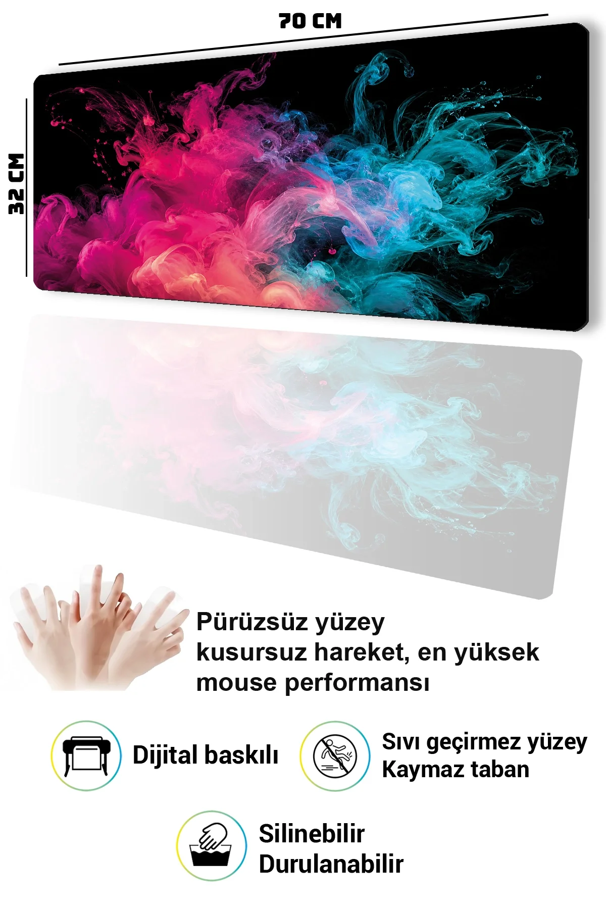 SonicTouch Klavye Mousepad 32x70cm Neon Duman Dansı Dikişsiz Pürüzsüz Sıvı Geçirmez Kaymaz Taban