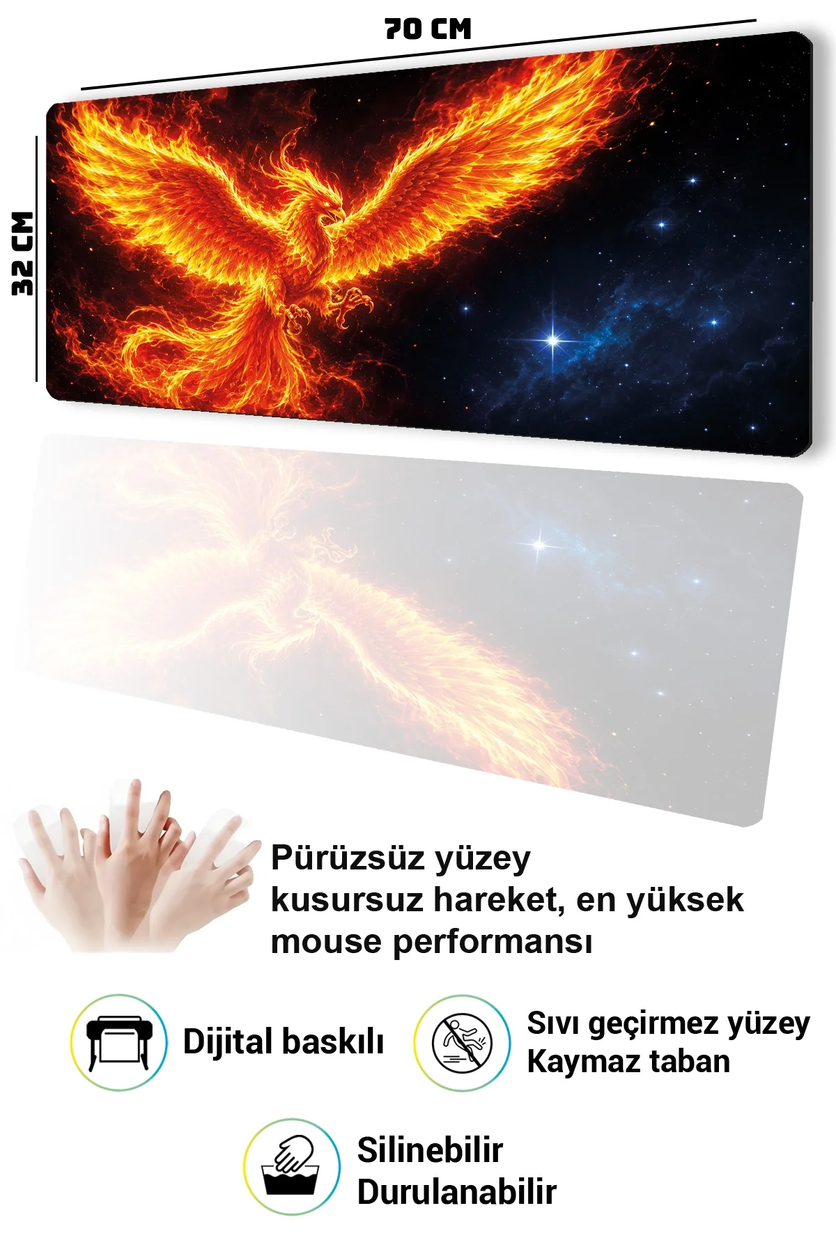 SonicTouch Klavye Mousepad 32x70cm Küllerden Yükseliş Anka Kuşu Pürüzsüz Sıvı Geçirmez Kaymaz Taban