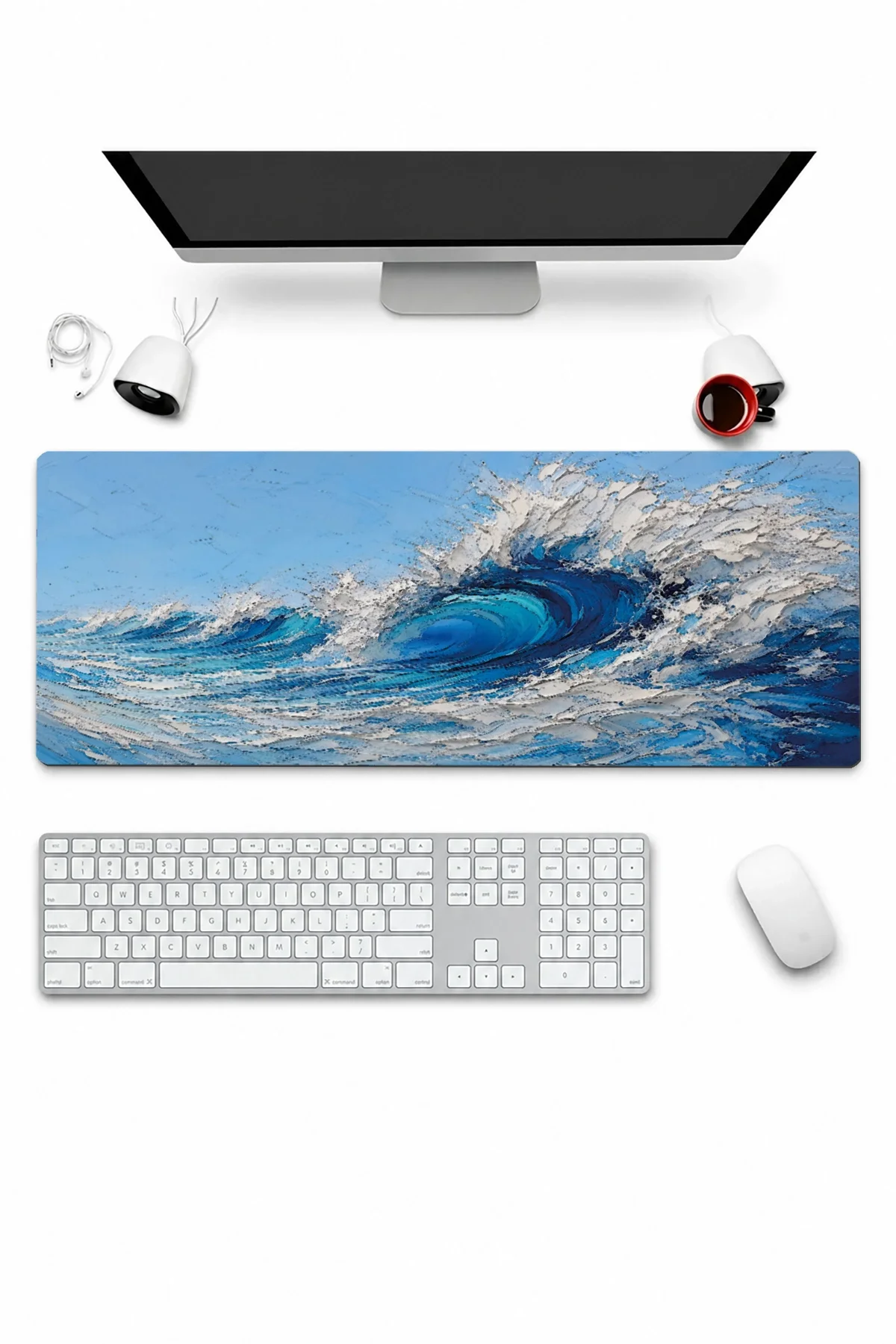 SonicTouch Klavye Mousepad 32x70cm Turkuaz Dalgalar Dikişsiz Pürüzsüz Sıvı Geçirmez Kaymaz Taban