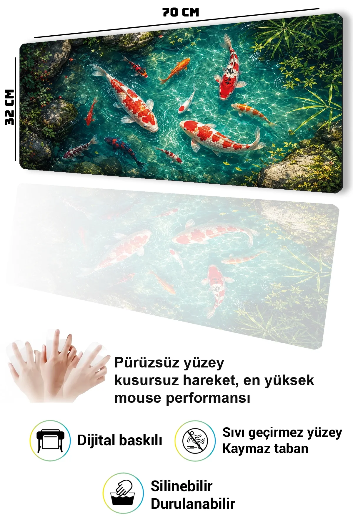 SonicTouch Klavye Mousepad 32x70cm Turkuaz Koi Gölü Dikişsiz Pürüzsüz Sıvı Geçirmez Kaymaz Taban