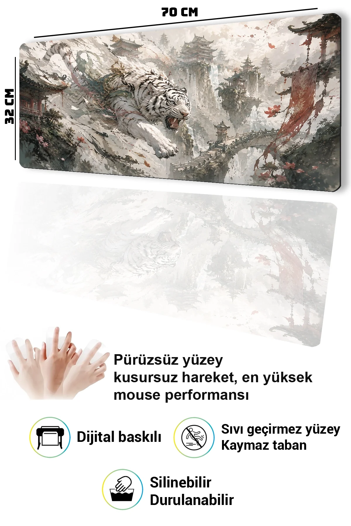 SonicTouch Klavye Mousepad 32x70cm Beyaz Kaplan Tapınağı Pürüzsüz Sıvı Geçirmez Kaymaz Taban