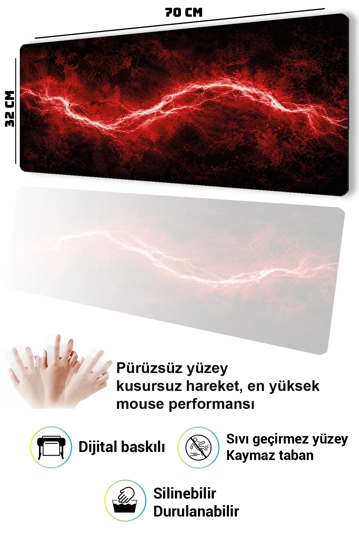 SonicTouch Klavye Mousepad 32x70cm Kızıl Akım Dikişsiz Pürüzsüz Sıvı Geçirmez Kaymaz Taban