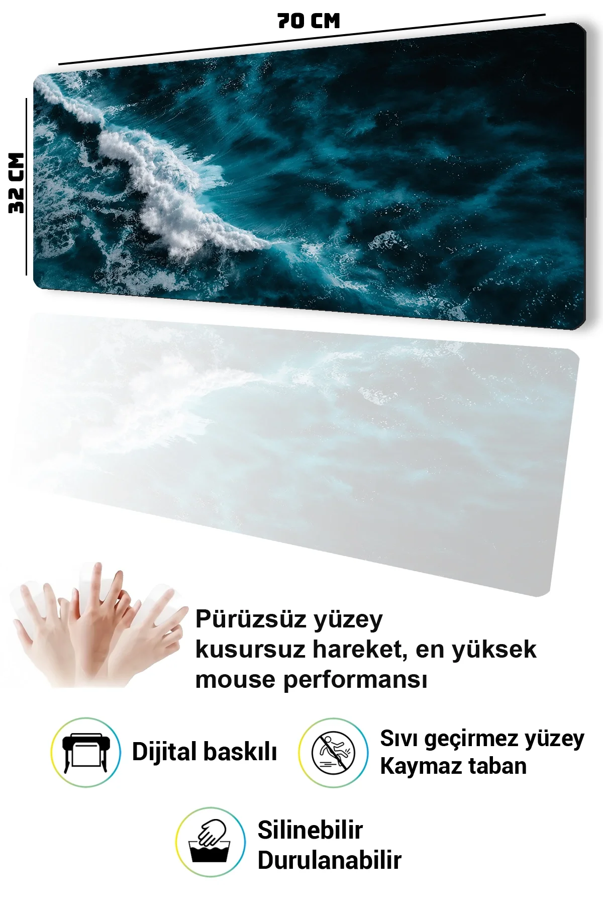 SonicTouch Klavye Mousepad 32x70cm Mavi Derinlik Dikişsiz Pürüzsüz Sıvı Geçirmez Kaymaz Taban