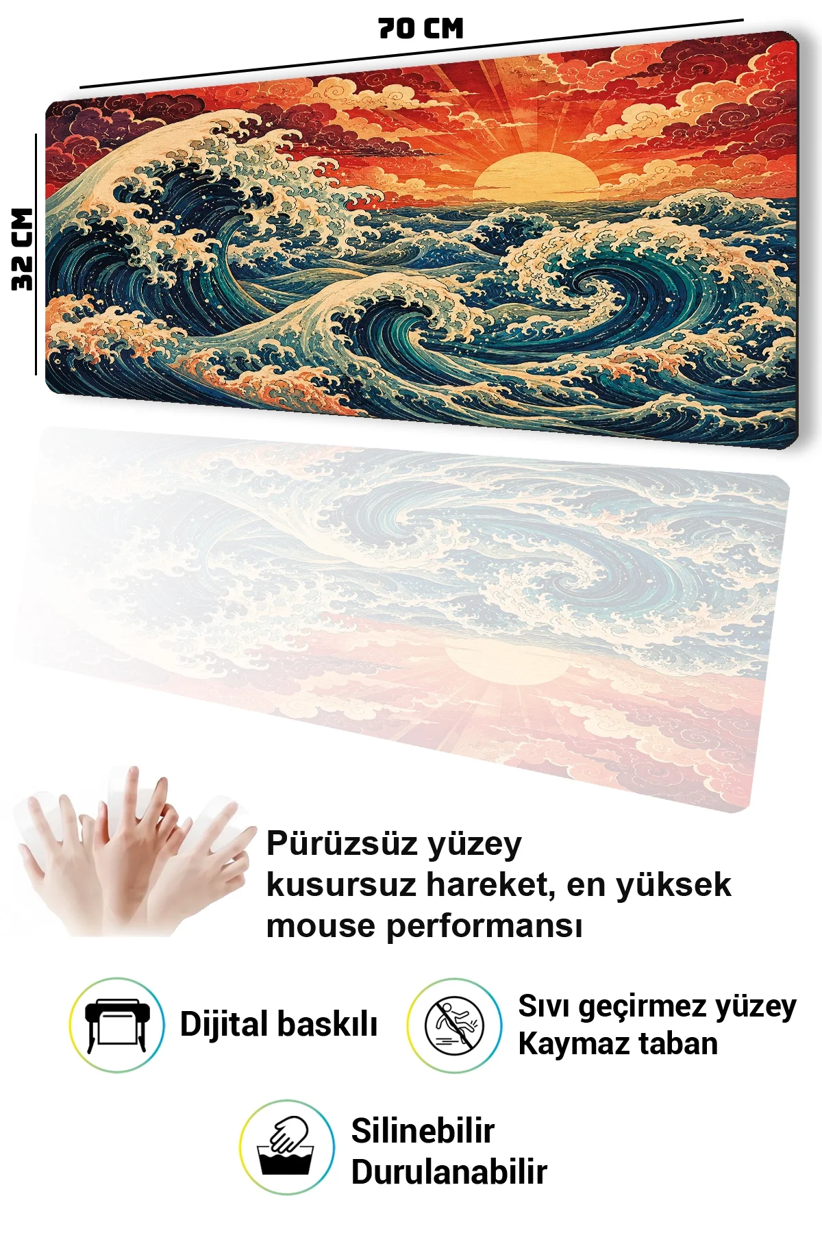 SonicTouch Klavye Mousepad 32x70cm Japon Gün Batımı Dikişsiz Pürüzsüz Sıvı Geçirmez Kaymaz Taban