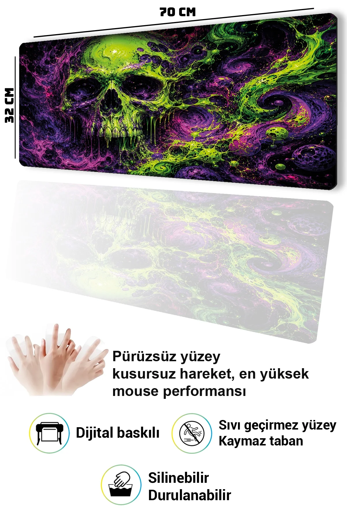 SonicTouch Klavye Mousepad 32x70cm Toxic Skull Dikişsiz Pürüzsüz Sıvı Geçirmez Kaymaz Taban