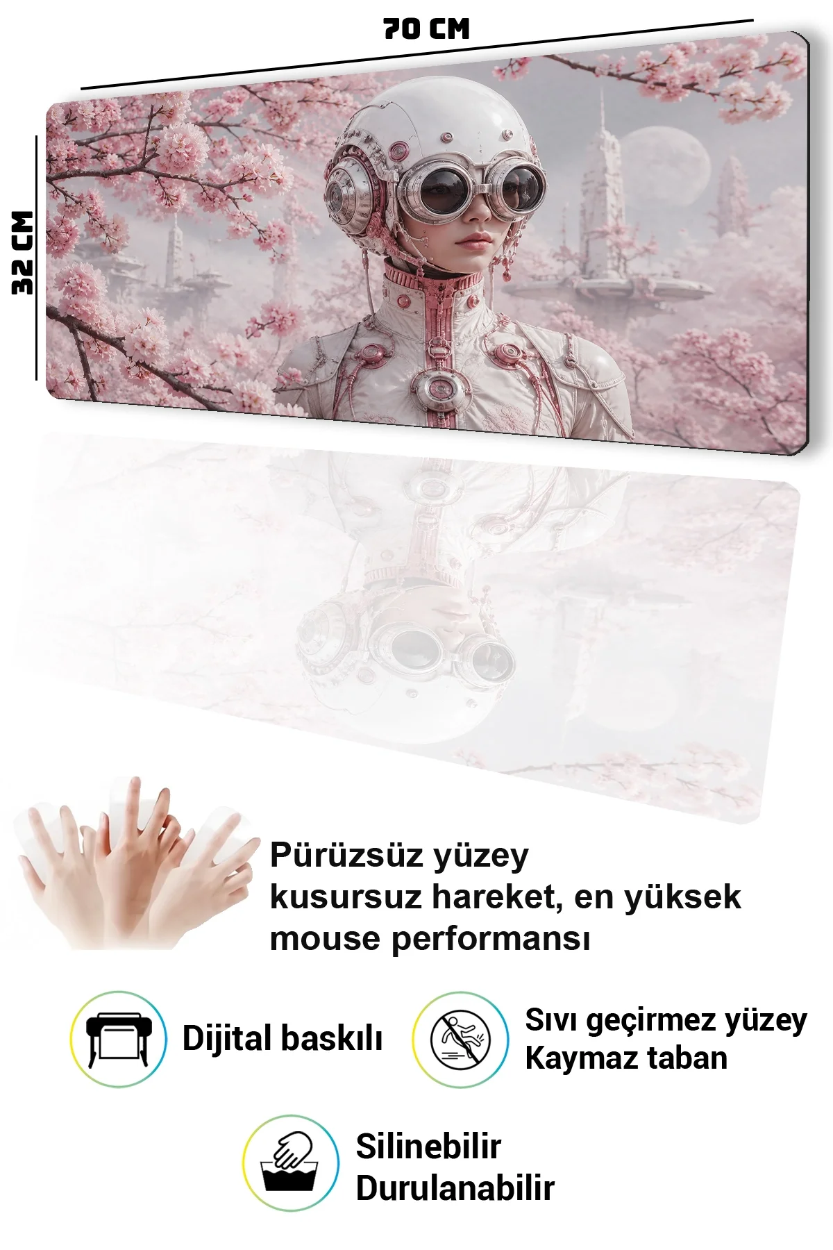 SonicTouch Klavye Mousepad 32x70cm Sakura Pilot Dikişsiz Pürüzsüz Sıvı Geçirmez Kaymaz Taban