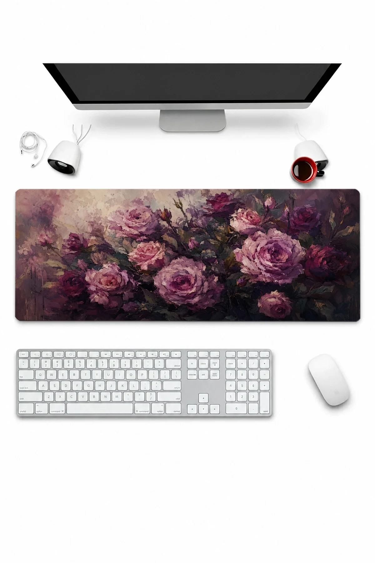 SonicTouch Klavye Mousepad 32x70cm Gece Gülleri Dikişsiz Pürüzsüz Sıvı Geçirmez Kaymaz Taban