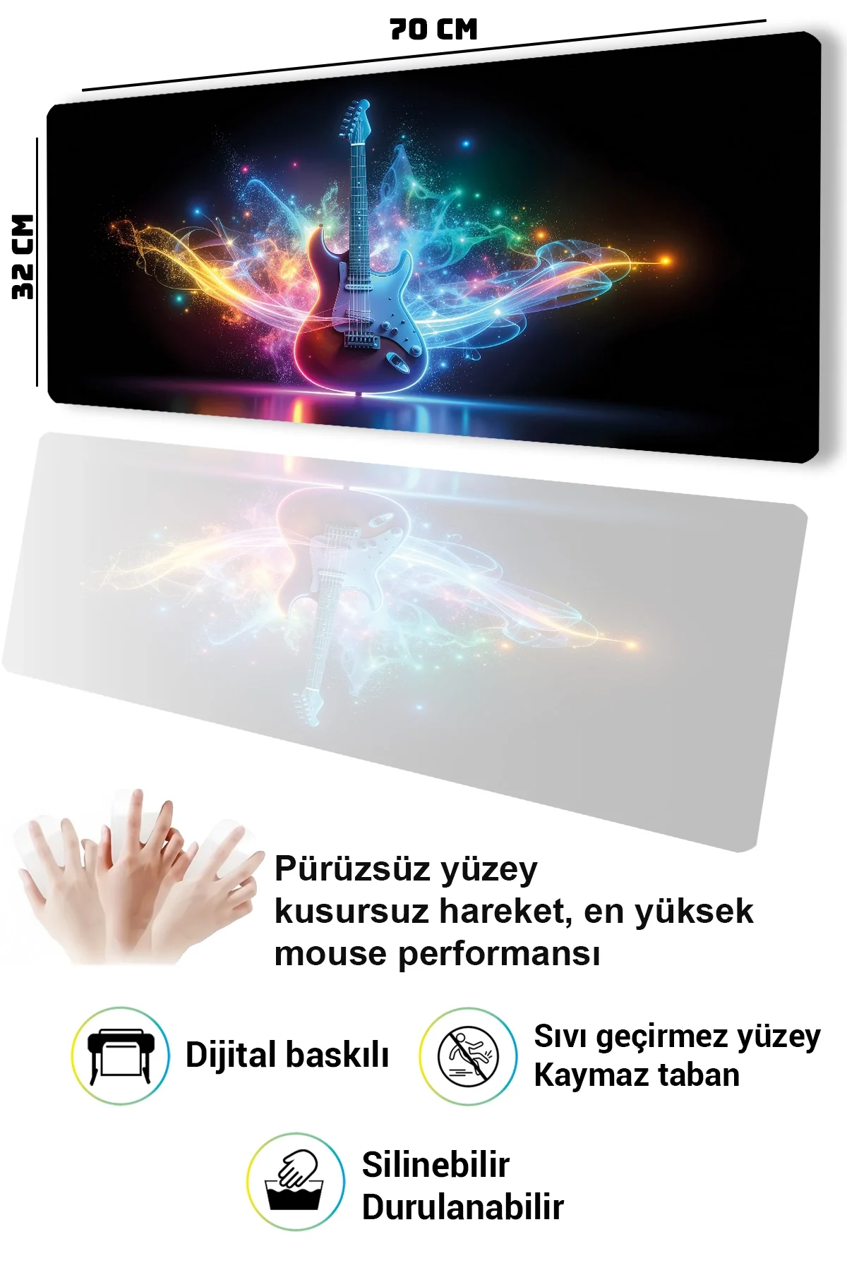 SonicTouch Klavye Mousepad 32x70cm Neon Solo Dikişsiz Pürüzsüz Sıvı Geçirmez Kaymaz Taban