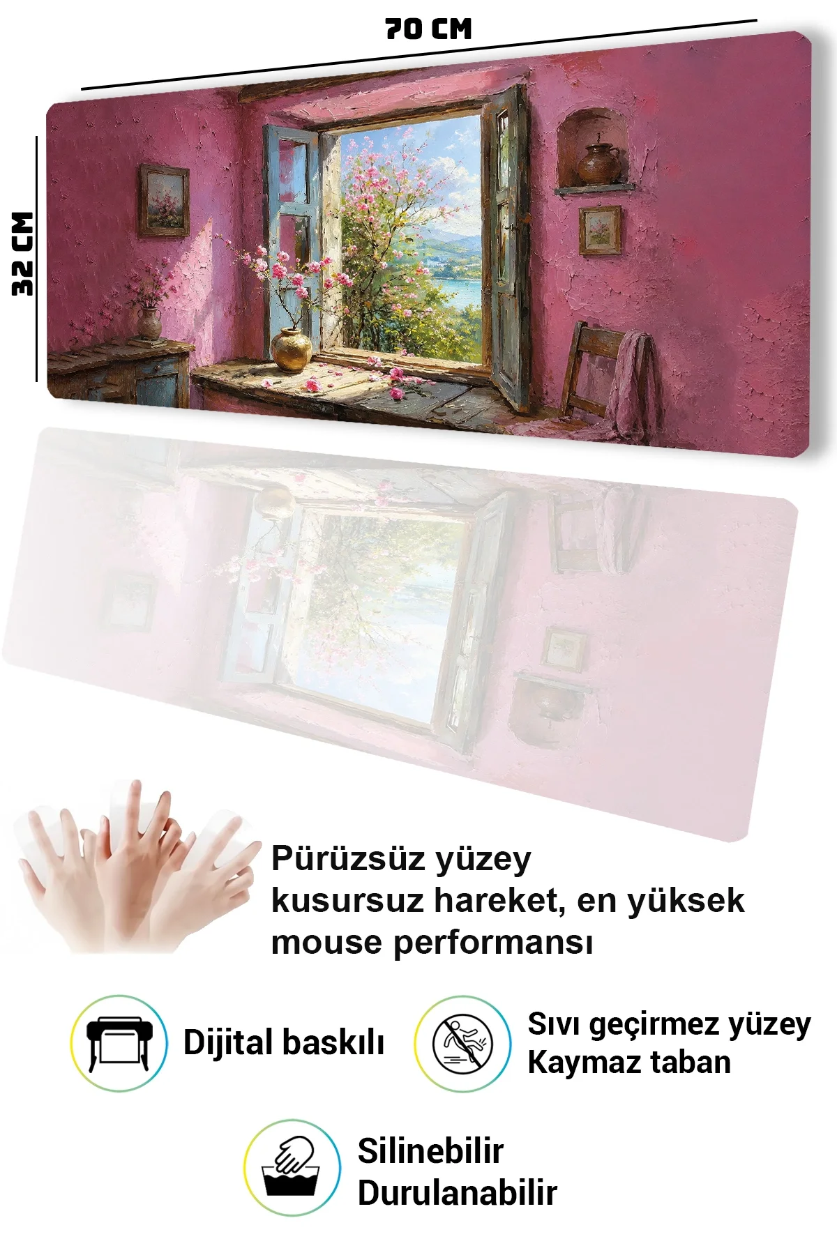 SonicTouch Klavye Mousepad 32x70cm Pembe Huzur Dikişsiz Pürüzsüz Sıvı Geçirmez Kaymaz Taban