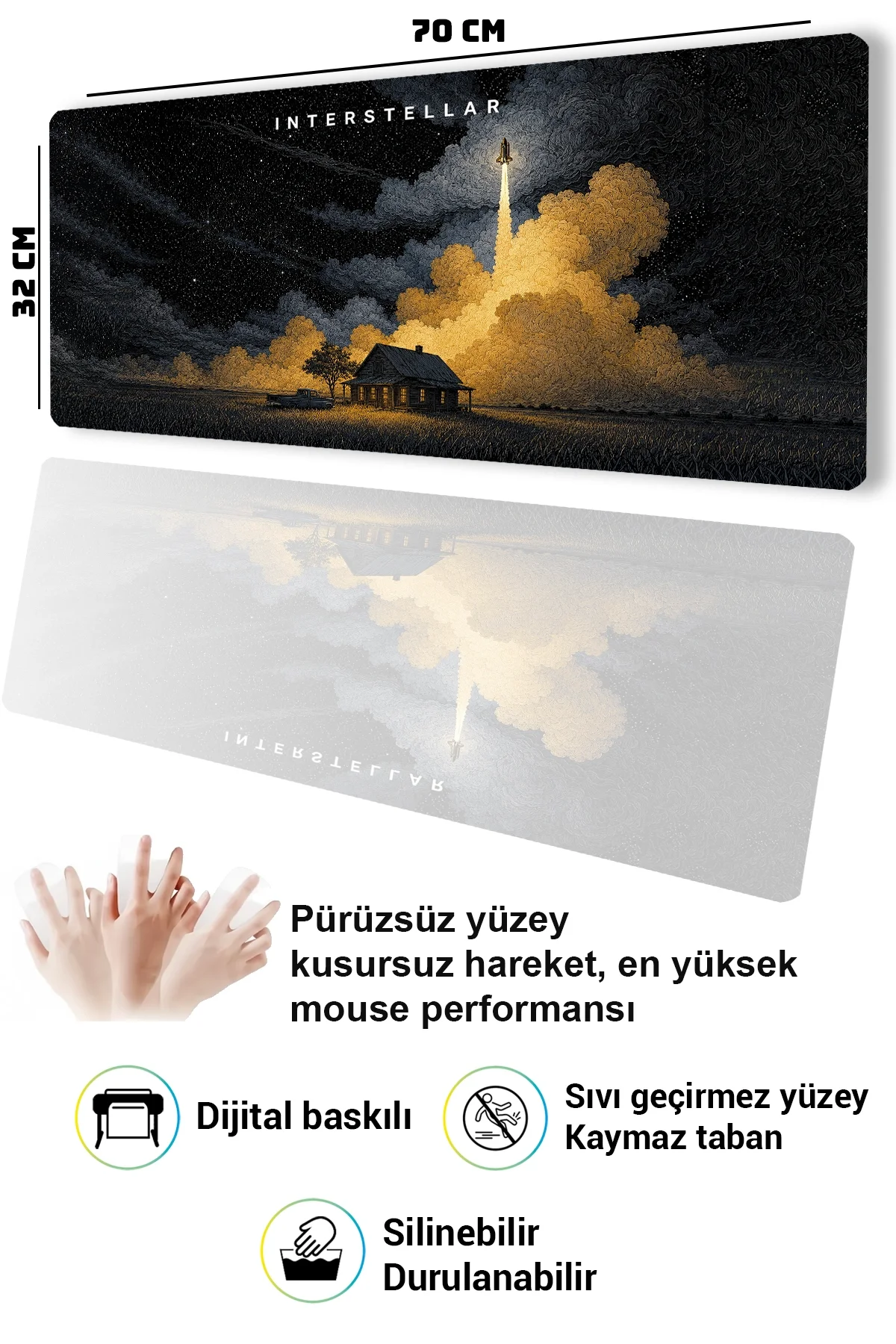 SonicTouch Klavye Mousepad 32x70cm Yıldızlara Yolculuk Dikişsiz Pürüzsüz Sıvı Geçirmez Kaymaz Taban