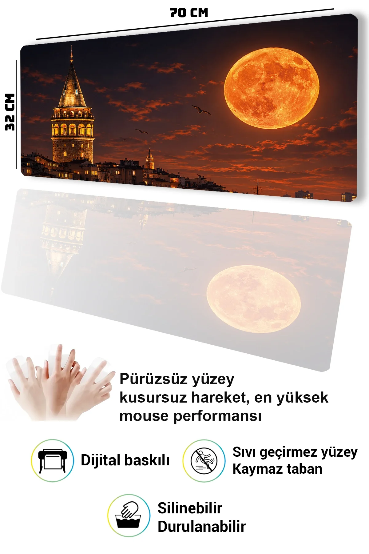 SonicTouch Klavye Mousepad 32x70cm Galata Gecesi Dikişsiz Pürüzsüz Sıvı Geçirmez Kaymaz Taban