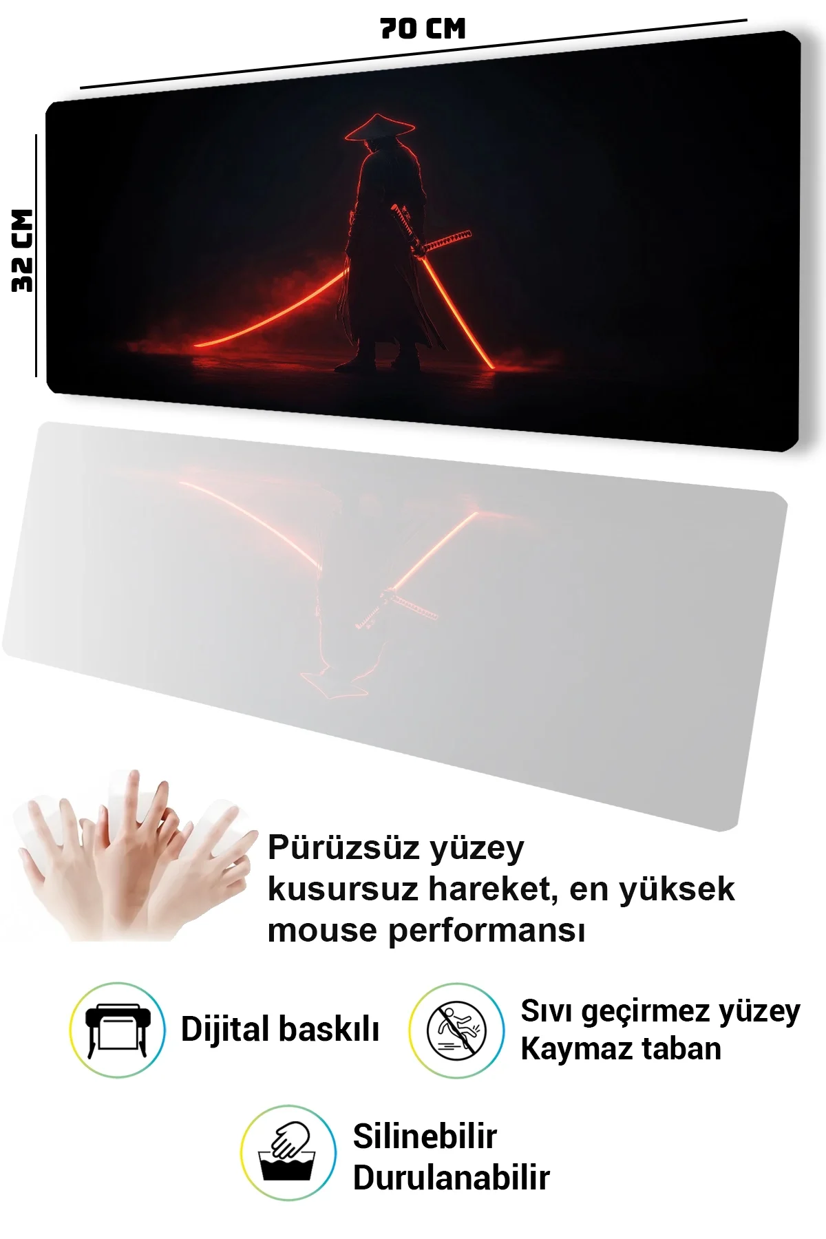 SonicTouch Klavye Mousepad 32x70cm Gölge Samuray Dikişsiz Pürüzsüz Sıvı Geçirmez Kaymaz Taban