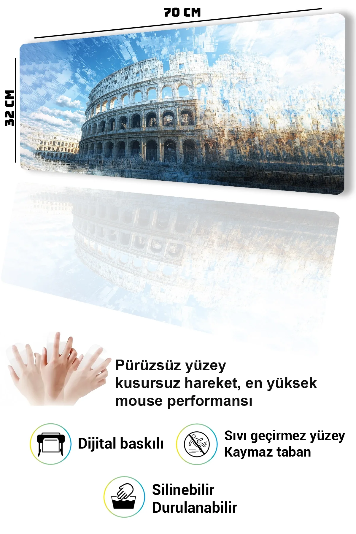 SonicTouch Klavye Mousepad 32x70cm Mavi Kolezyum Dikişsiz Pürüzsüz Sıvı Geçirmez Kaymaz Taban