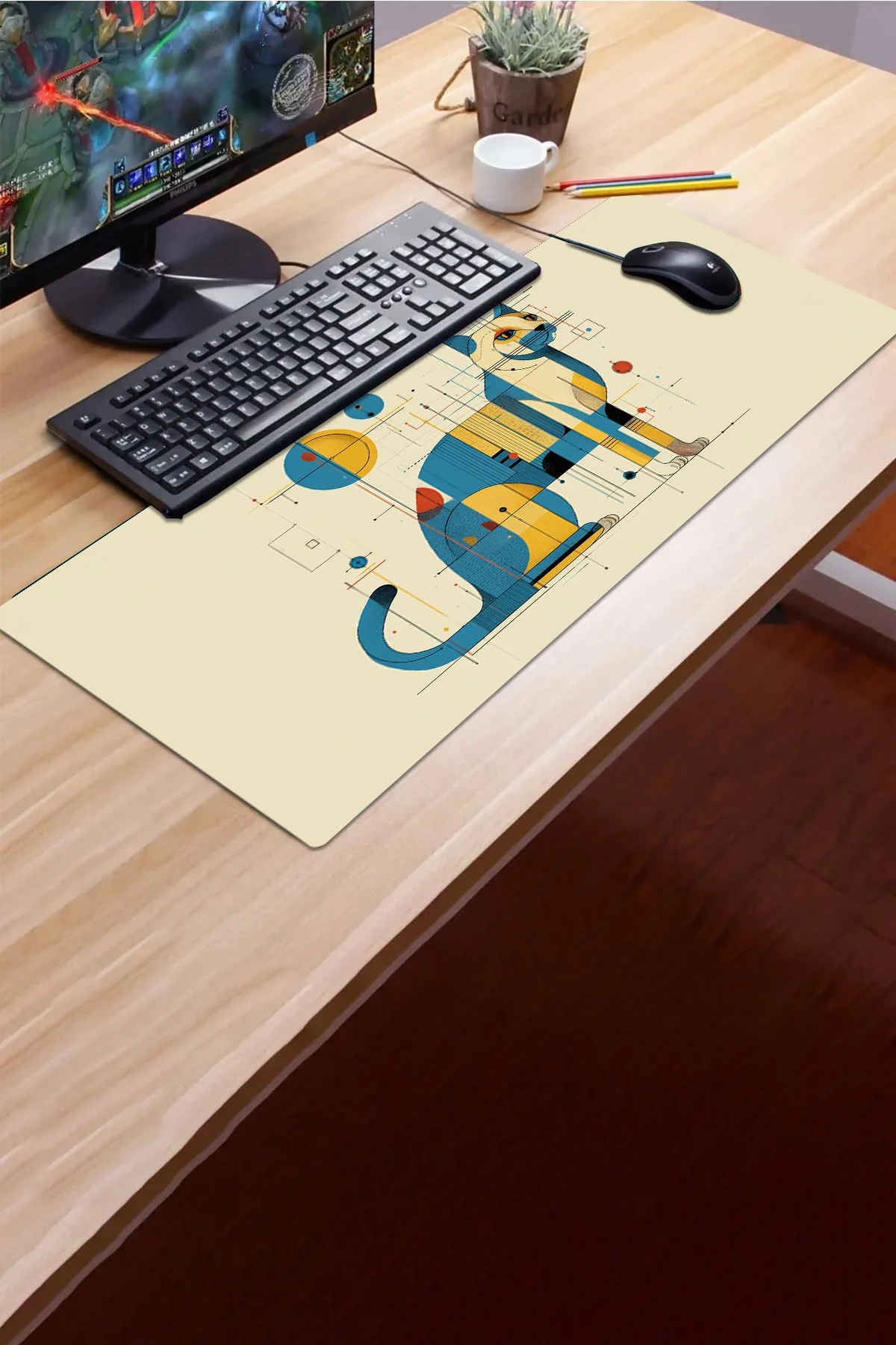 SonicTouch Klavye Mousepad 32x70cm Kübik Kedi Dikişsiz Pürüzsüz Sıvı Geçirmez Kaymaz Taban