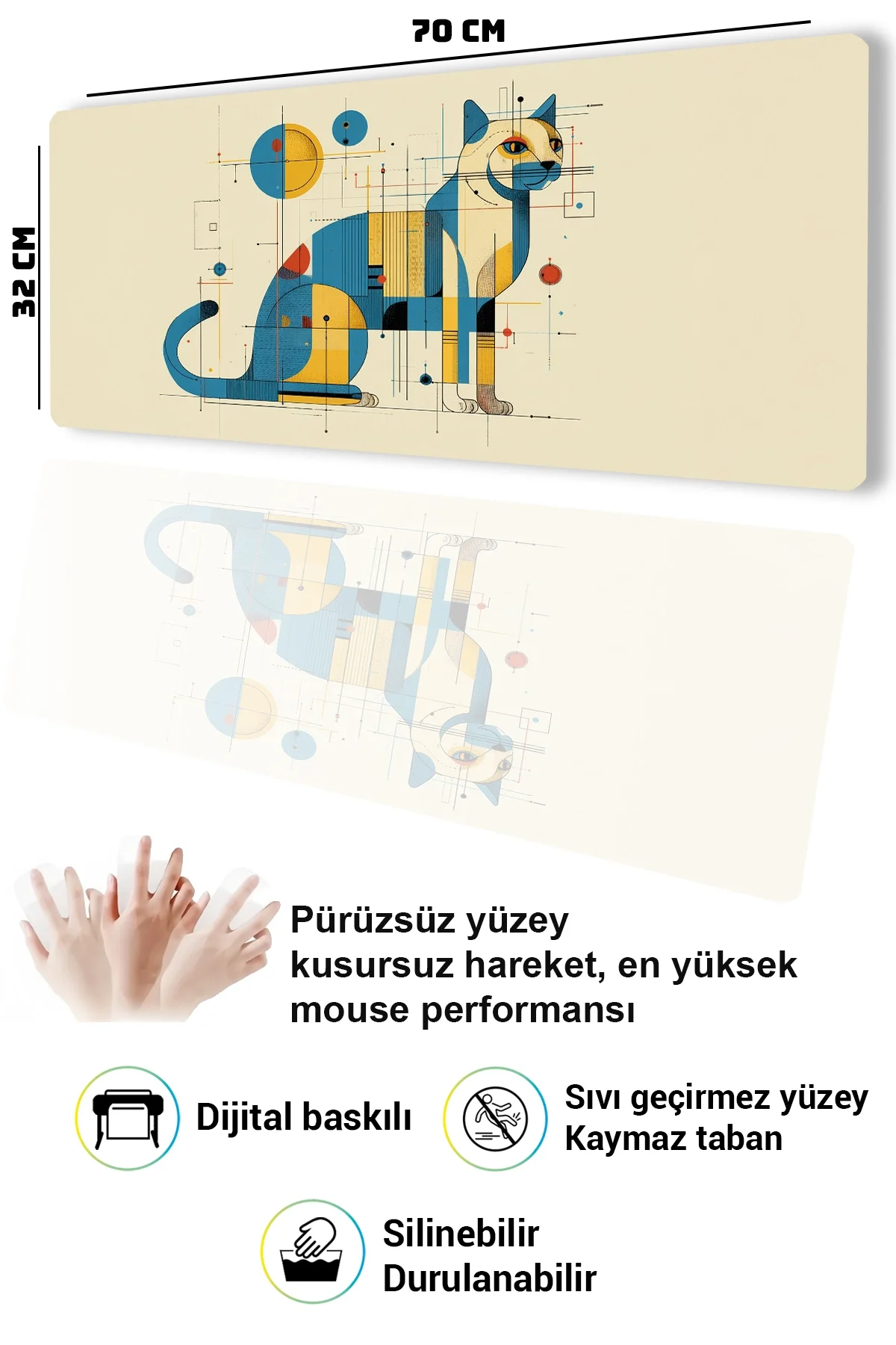 SonicTouch Klavye Mousepad 32x70cm Kübik Kedi Dikişsiz Pürüzsüz Sıvı Geçirmez Kaymaz Taban