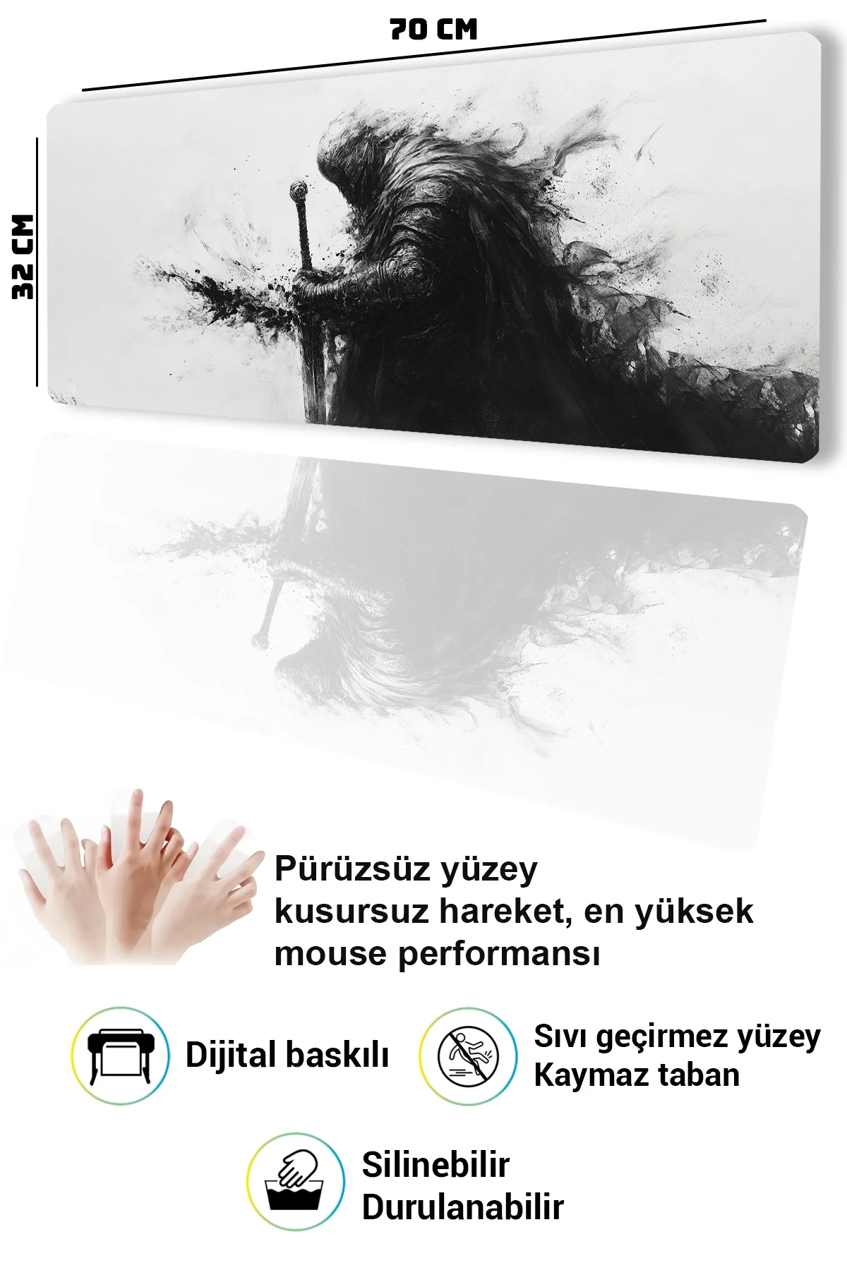 SonicTouch Klavye Mousepad 32x70cm Kara Muhafız Dikişsiz Pürüzsüz Sıvı Geçirmez Kaymaz Taban